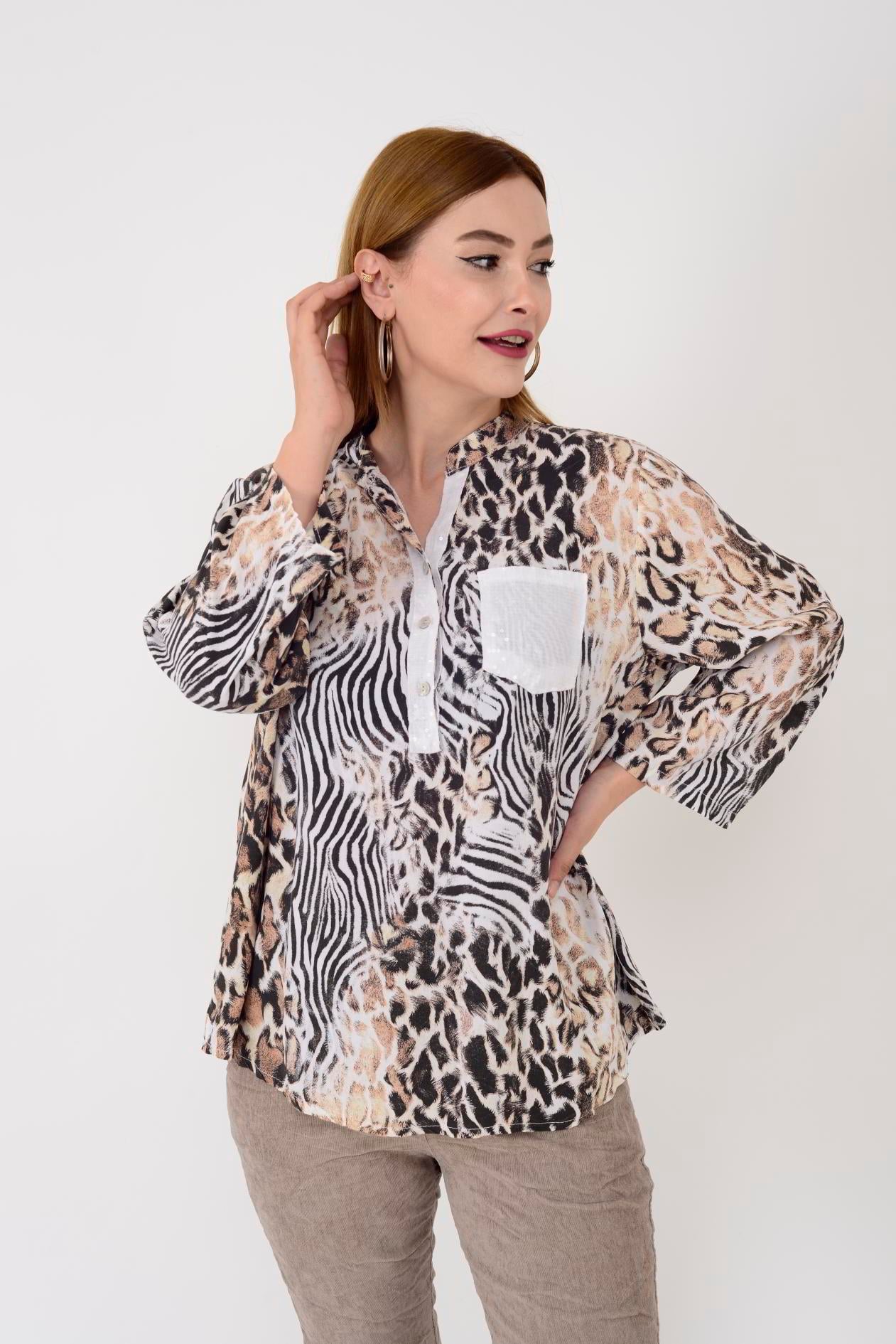 15451-8 LEOPAR DESEN PAYET DETAYLI GÖMLEK