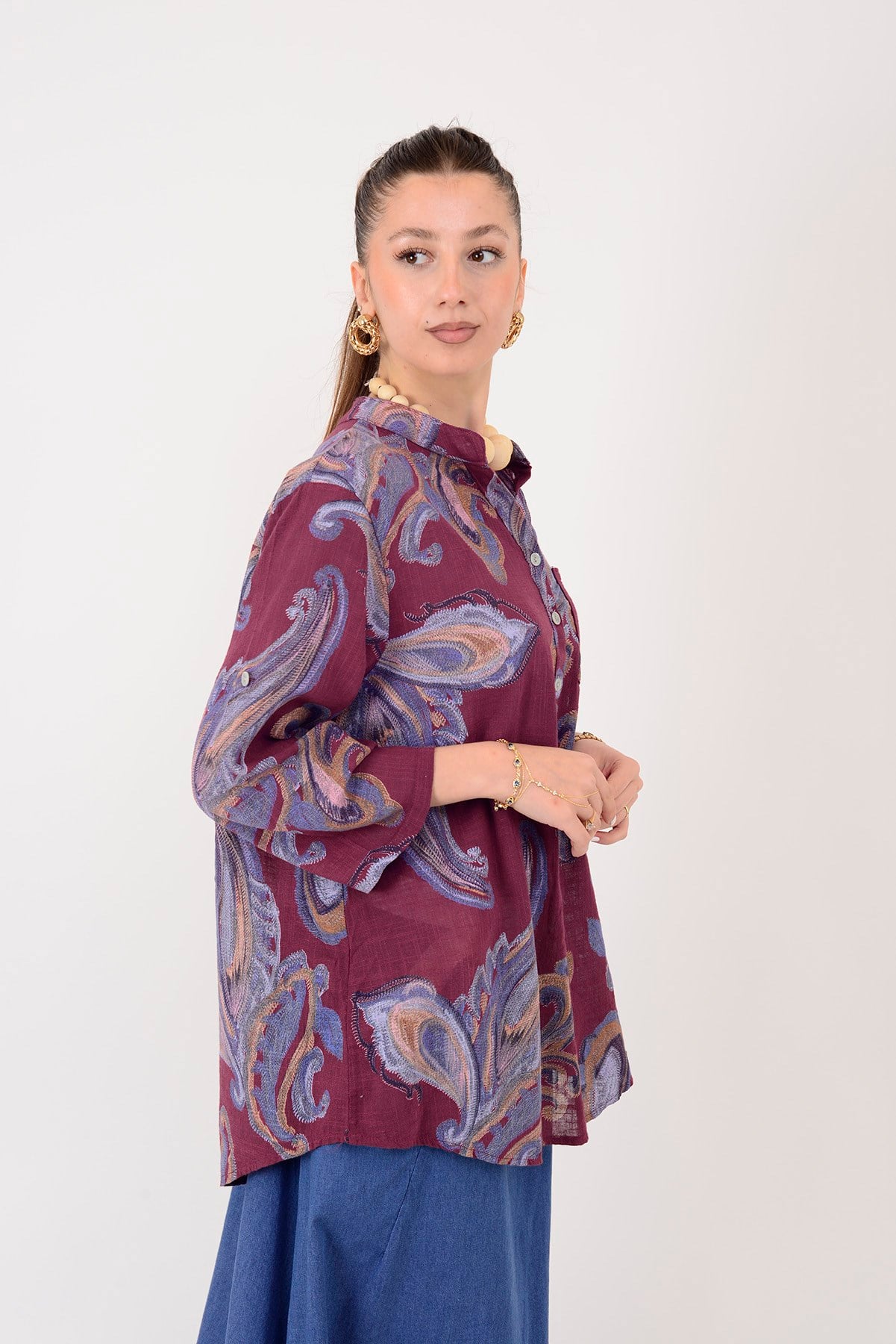 15455F-21 ŞAL DESEN ÜÇ DÜĞMELİ GÖMLEK