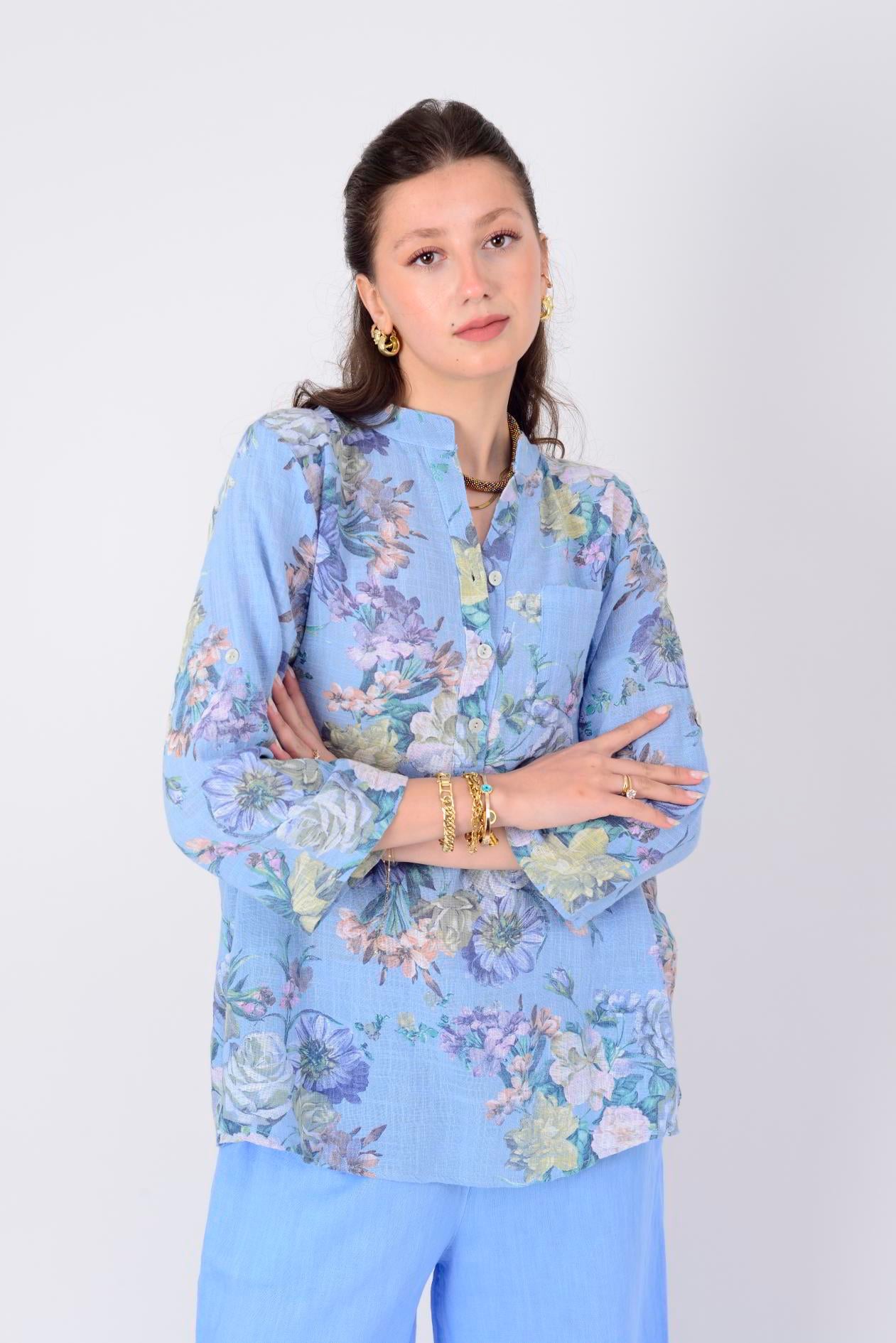 15455F-6 ÇİÇEK DESENLİ CEP DETAYLI GÖMLEK
