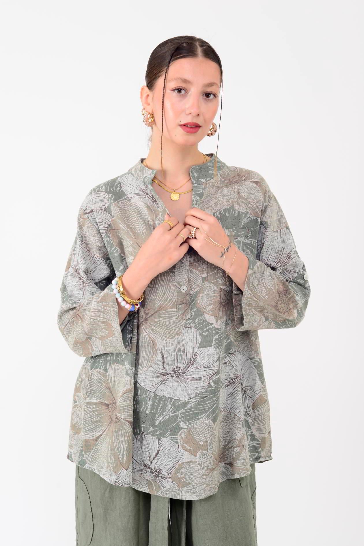 15455F-90 KADİFE ÇİÇEKLER DESEN GÖMLEK