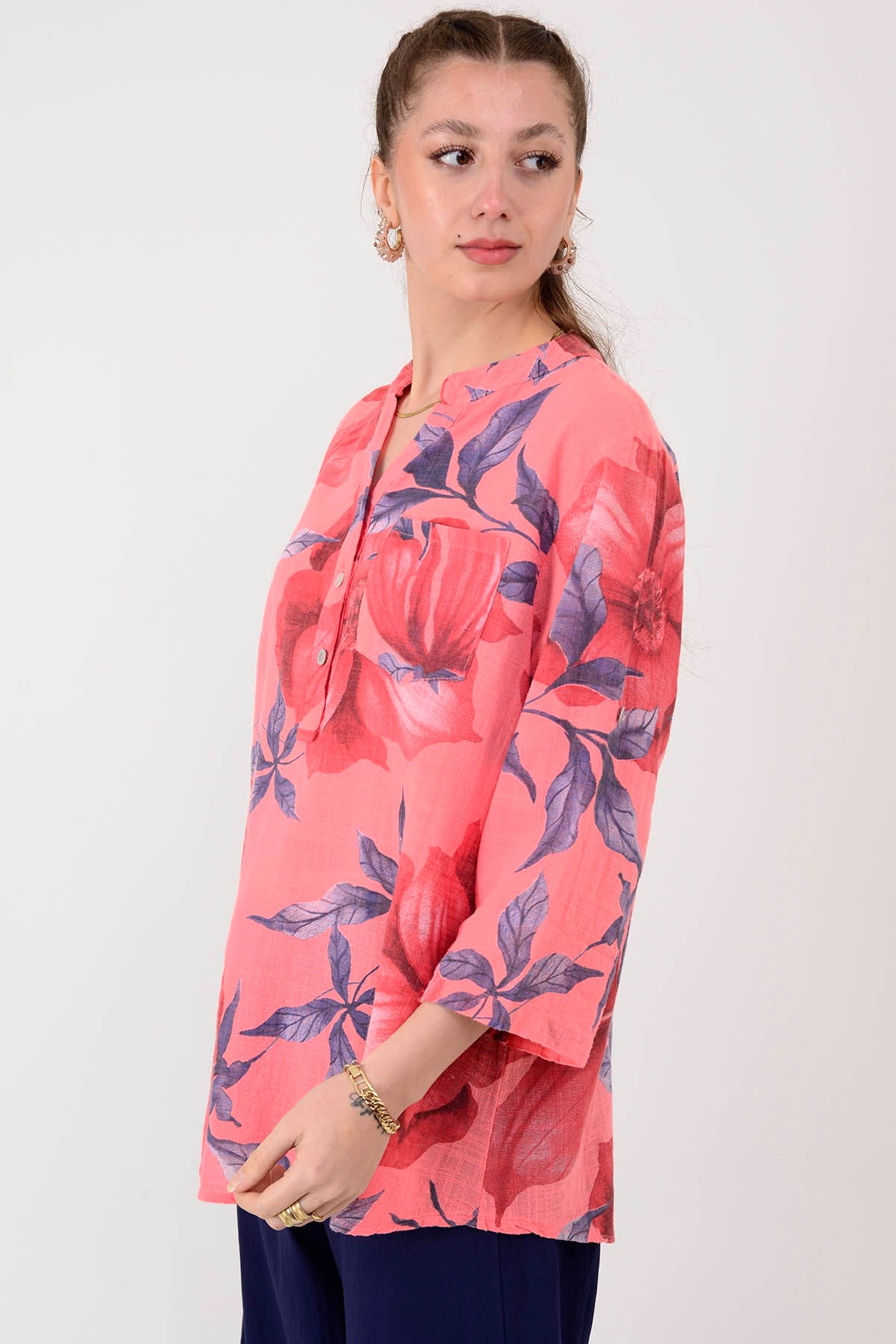 15455F-92 DALLI ÇİÇEK DESEN GÖMLEK