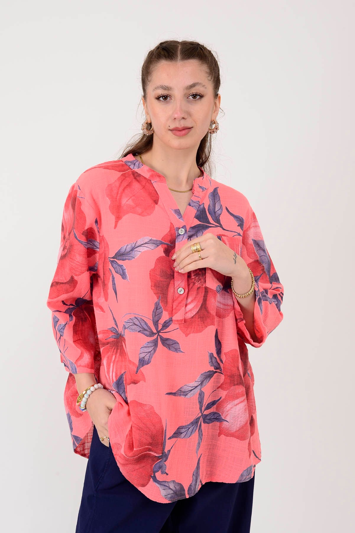 15455F-92 DALLI ÇİÇEK DESEN GÖMLEK