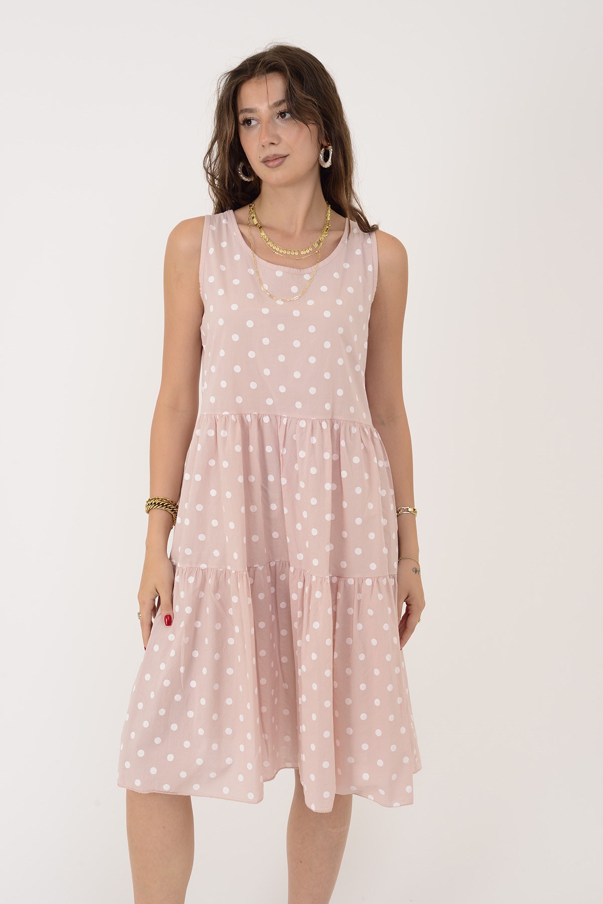16578 MINNIE PUANTİYE DESEN VOLANLI KOLSUZ KISA ELBİSE