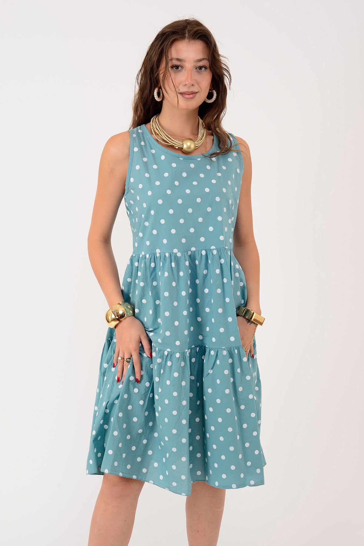 16578 MINNIE PUANTİYE DESEN VOLANLI KOLSUZ KISA ELBİSE