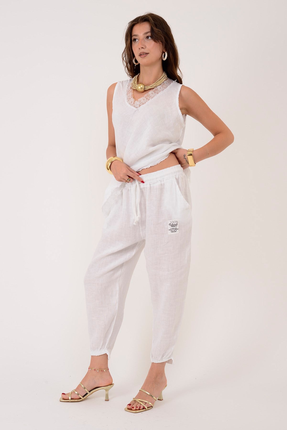 20836 PAÇASI LASTİK DETAYLI JOGGER KETEN PANTOLON