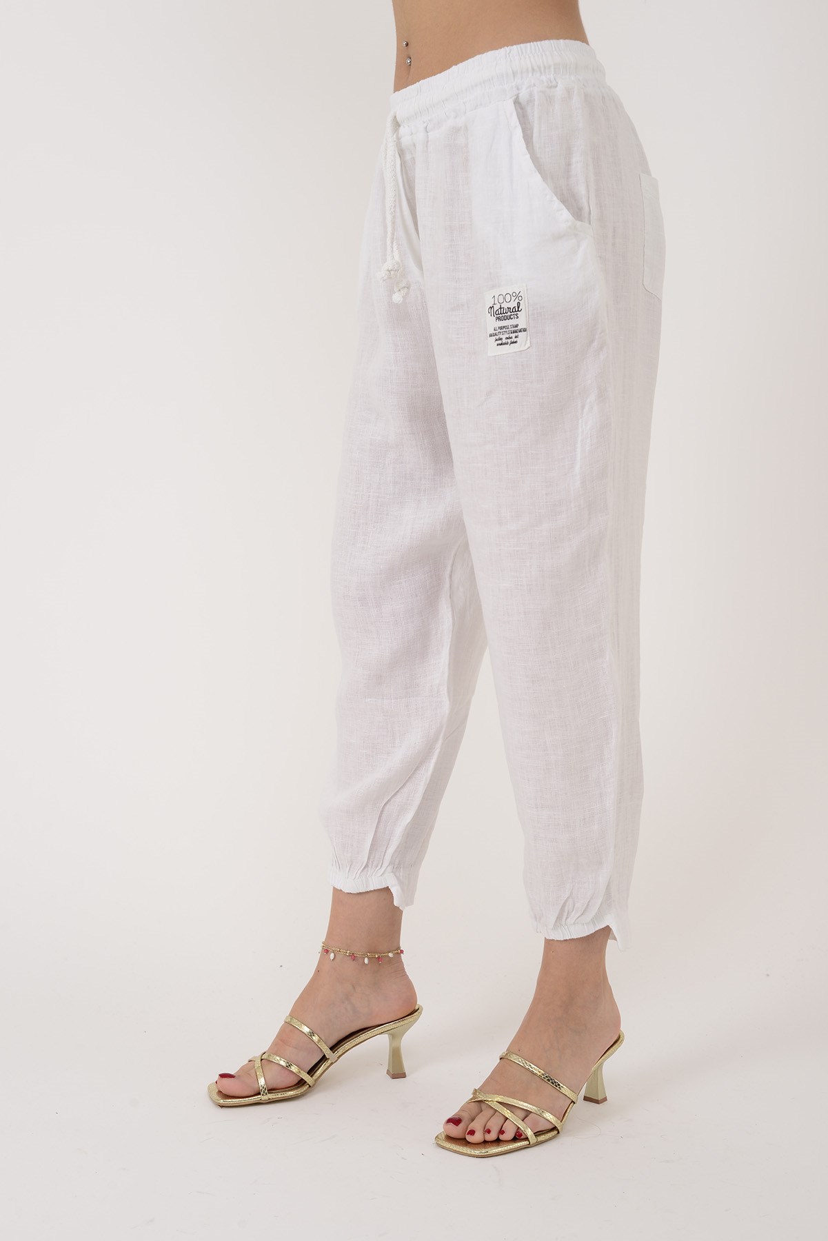 20836 PAÇASI LASTİK DETAYLI JOGGER KETEN PANTOLON