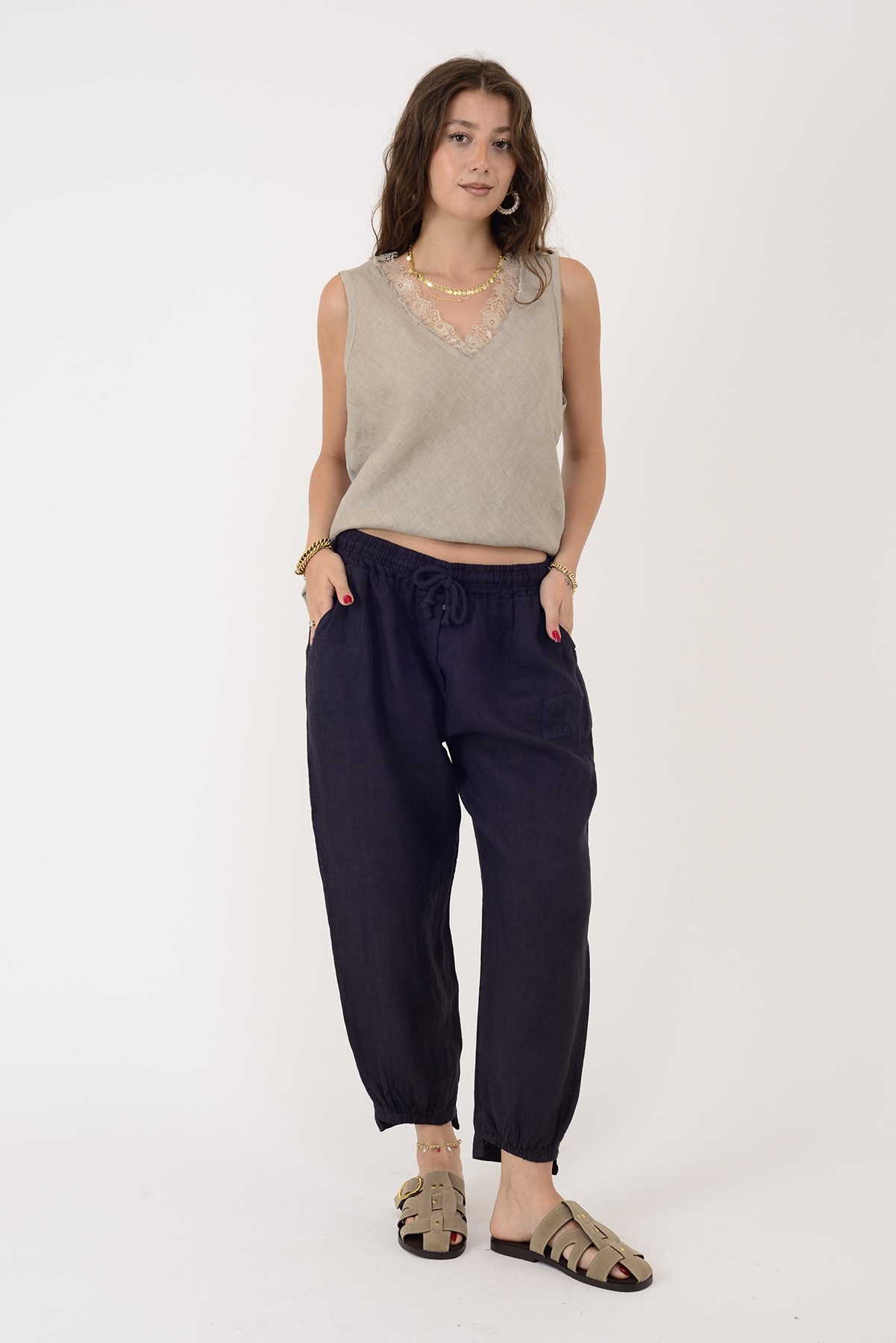 20836 PAÇASI LASTİK DETAYLI JOGGER KETEN PANTOLON