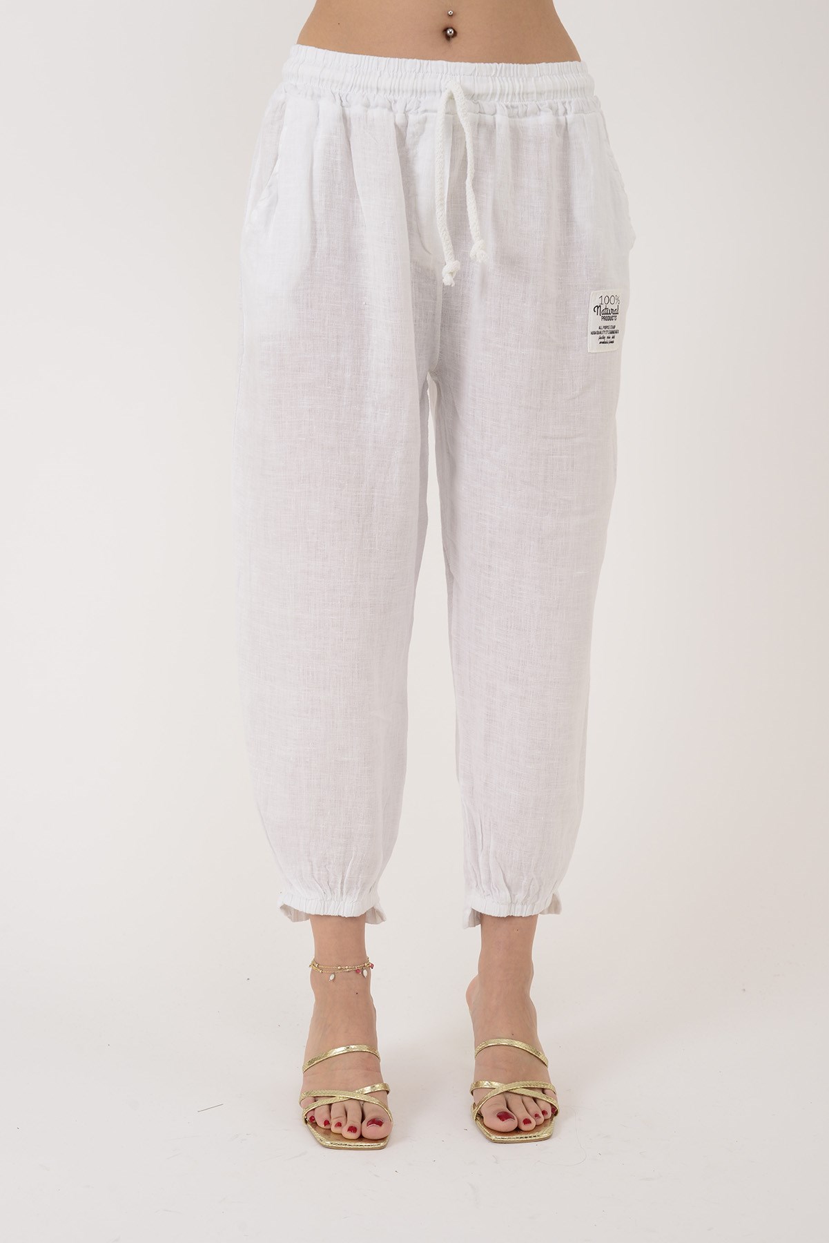 20836 PAÇASI LASTİK DETAYLI JOGGER KETEN PANTOLON