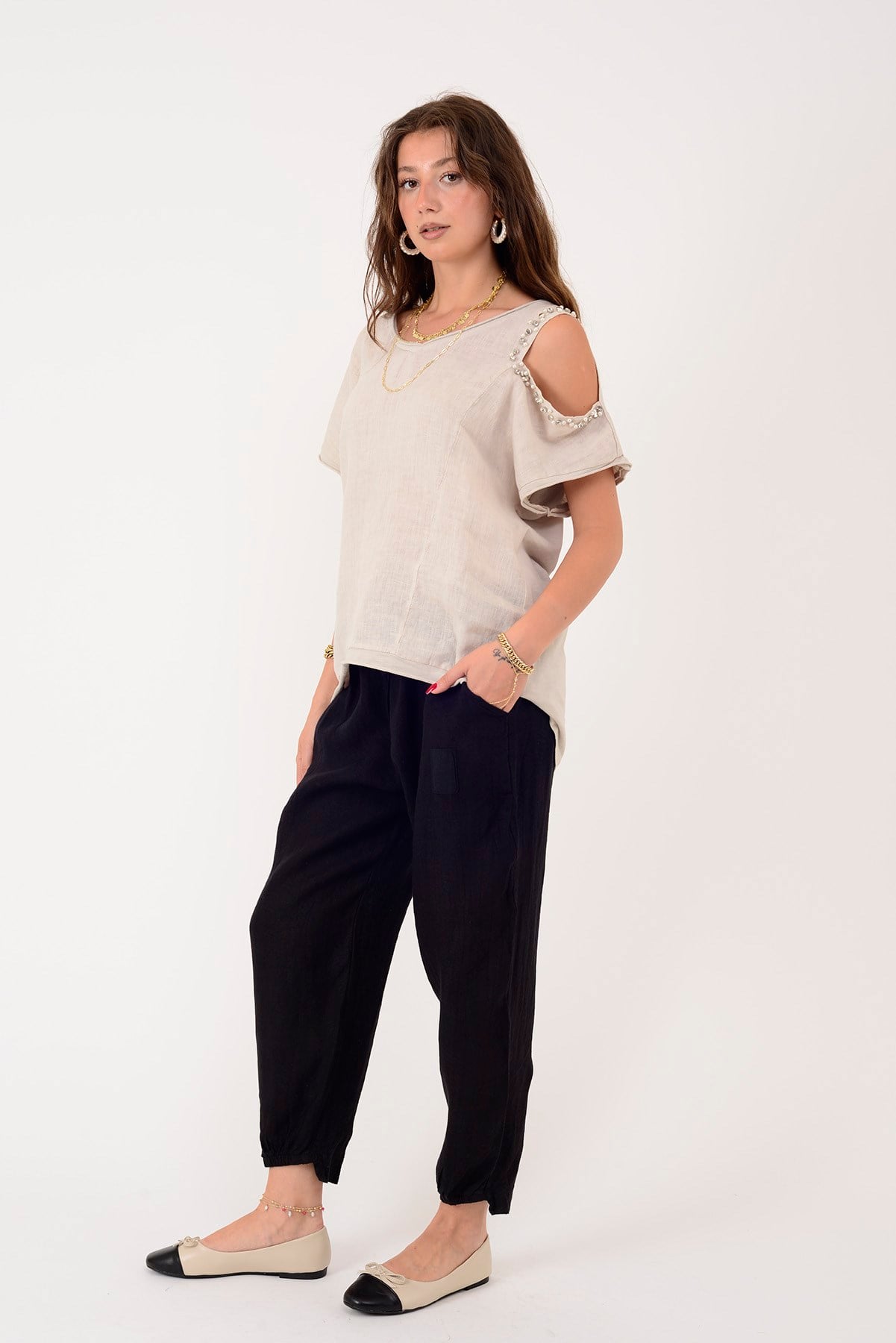20836 PAÇASI LASTİK DETAYLI JOGGER KETEN PANTOLON