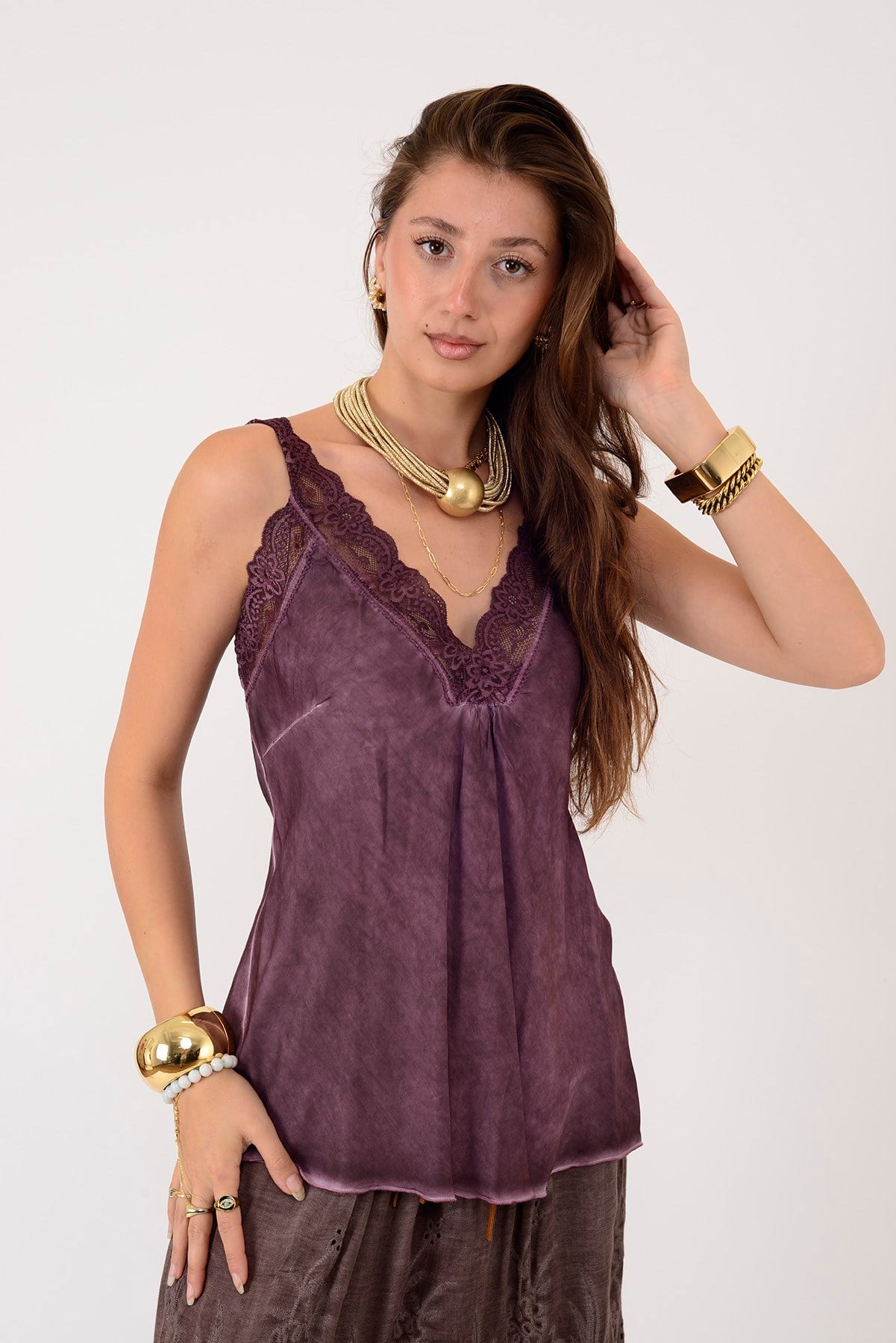 21336 KALIN ASKILI DANTELLİ SATEN BLUZ