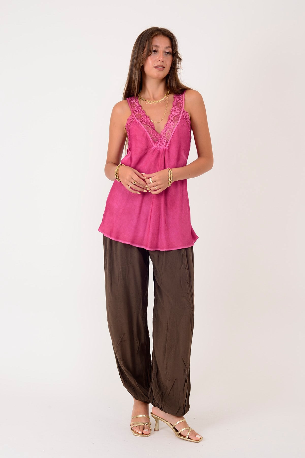 21336 KALIN ASKILI DANTELLİ SATEN BLUZ