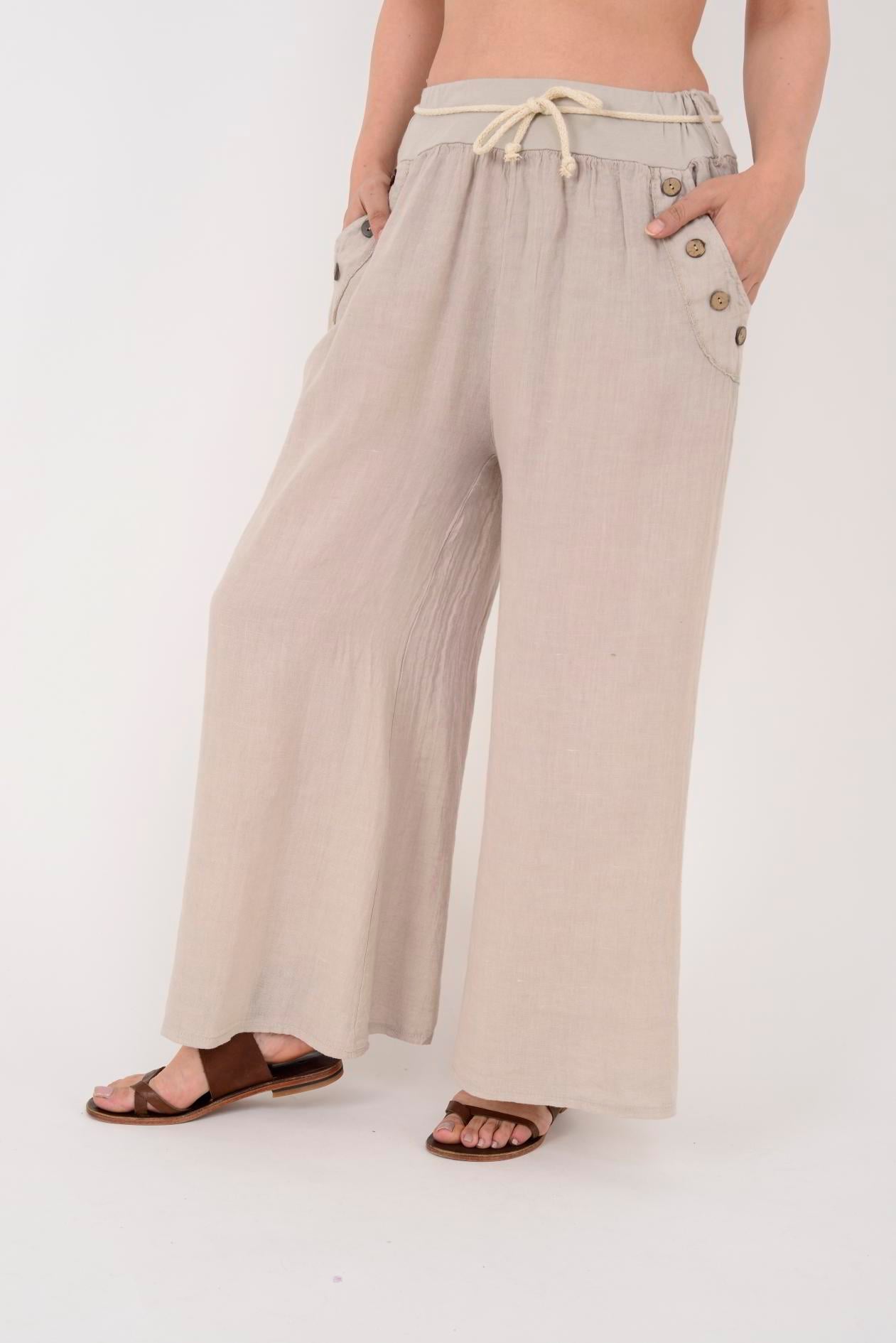 21425 DÜĞME DETAYLI KEMERLİ KETEN PANTOLON