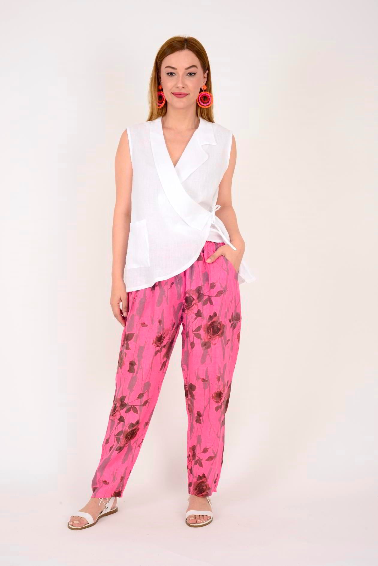21451 SPRING ÇİÇEK DESENLİ KETEN PANTOLON