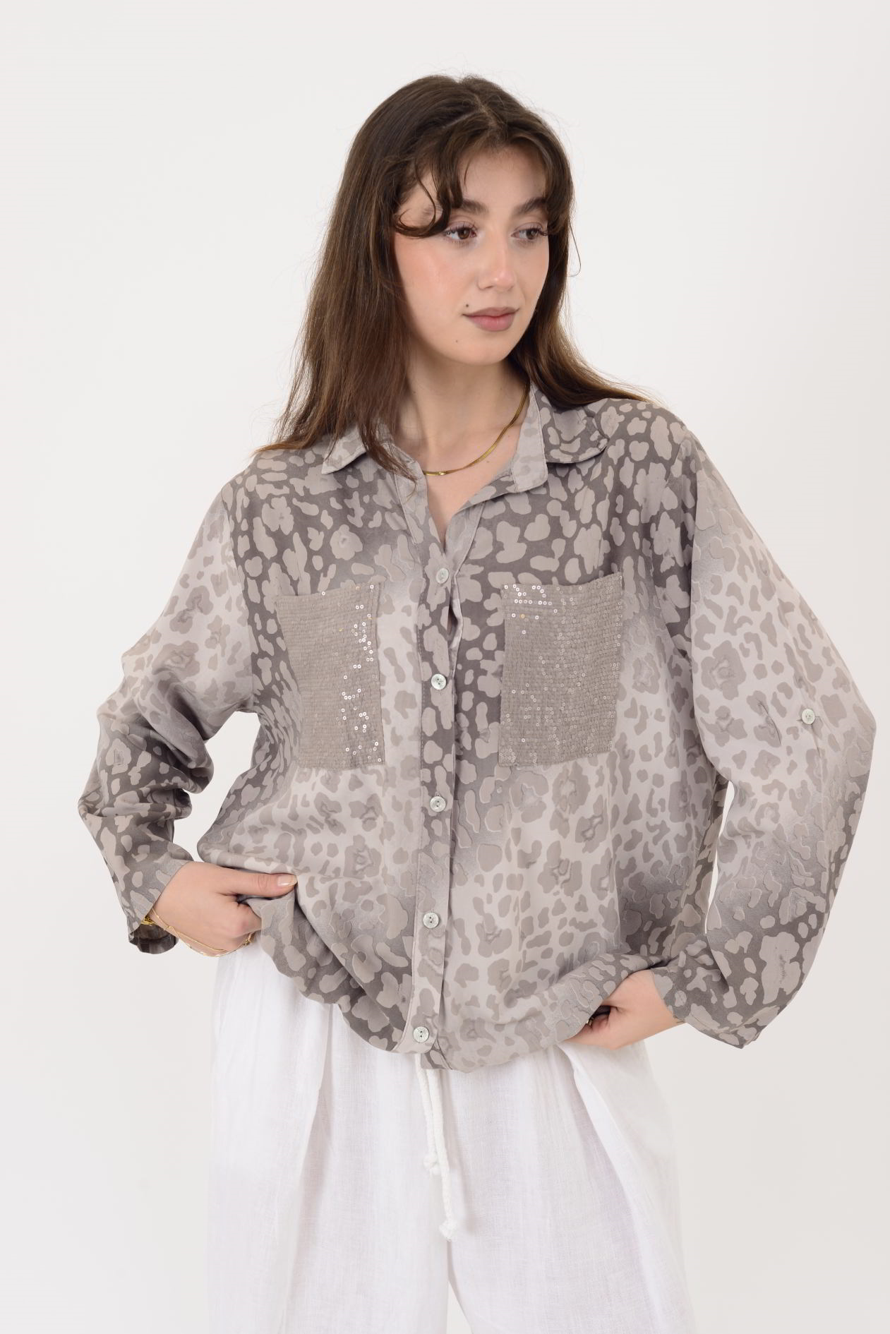 22007-1 LEOPAR DESEN İP DETAYLI PAYETLİ GÖMLEK