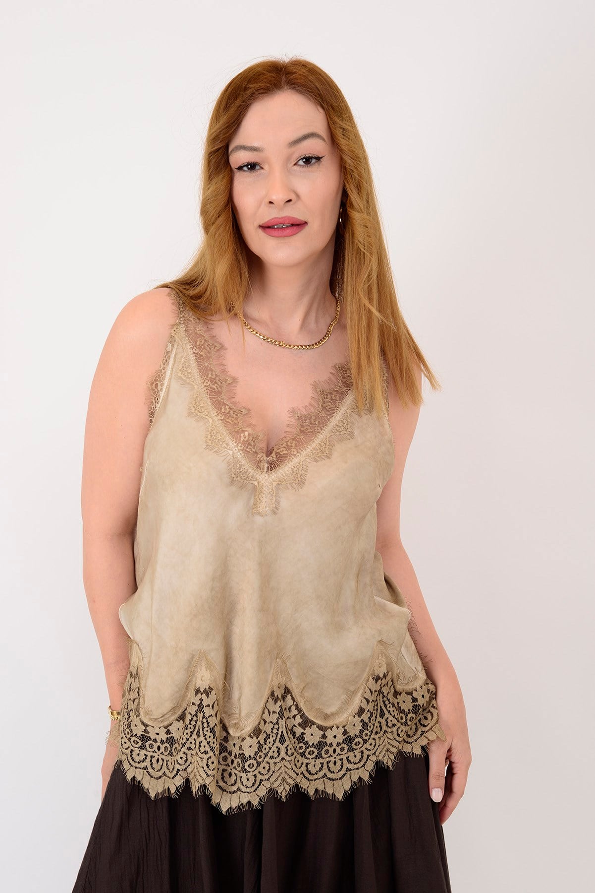 22355 KALIN ASKILI DANTELLİ SATEN BLUZ