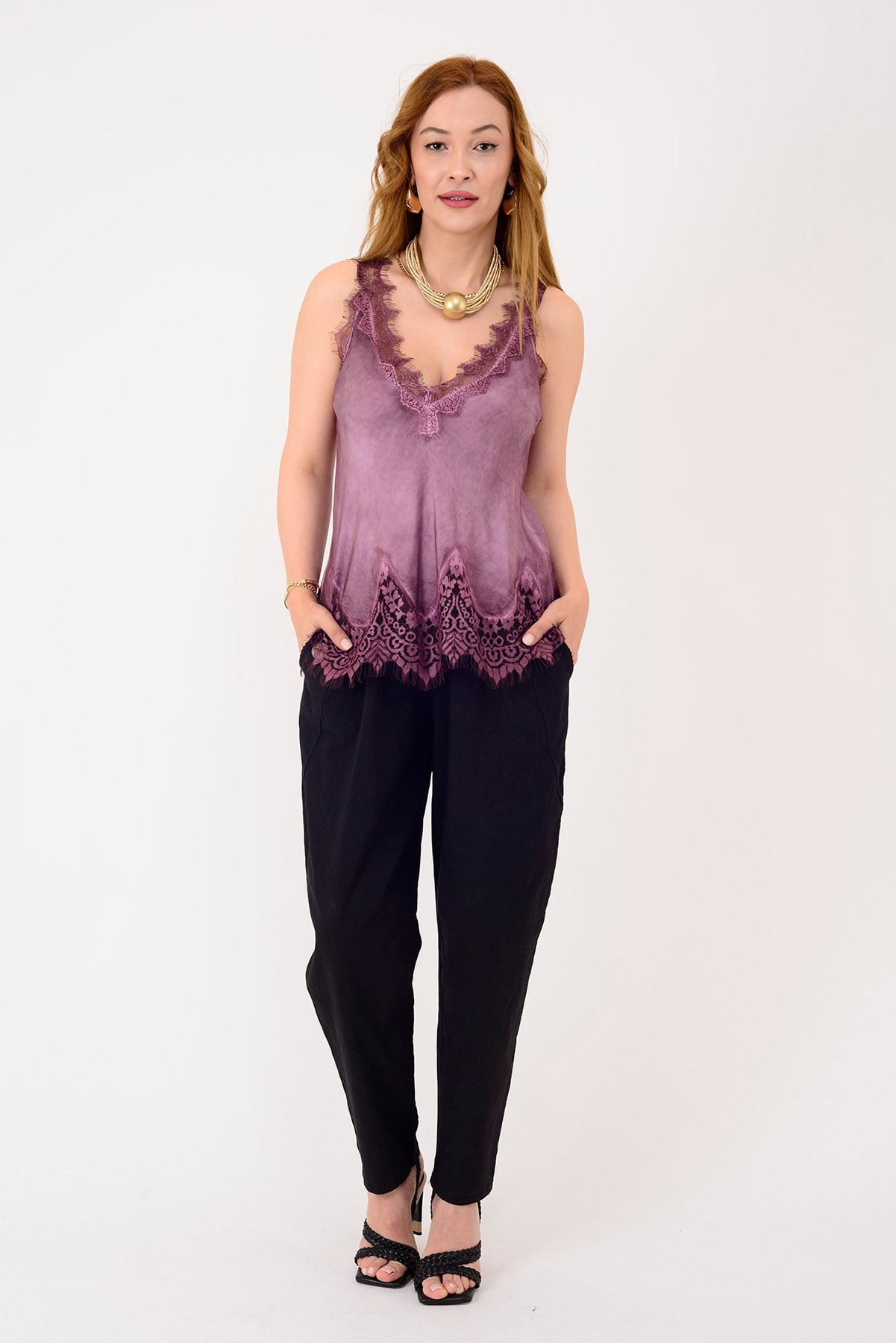 22355 KALIN ASKILI DANTELLİ SATEN BLUZ