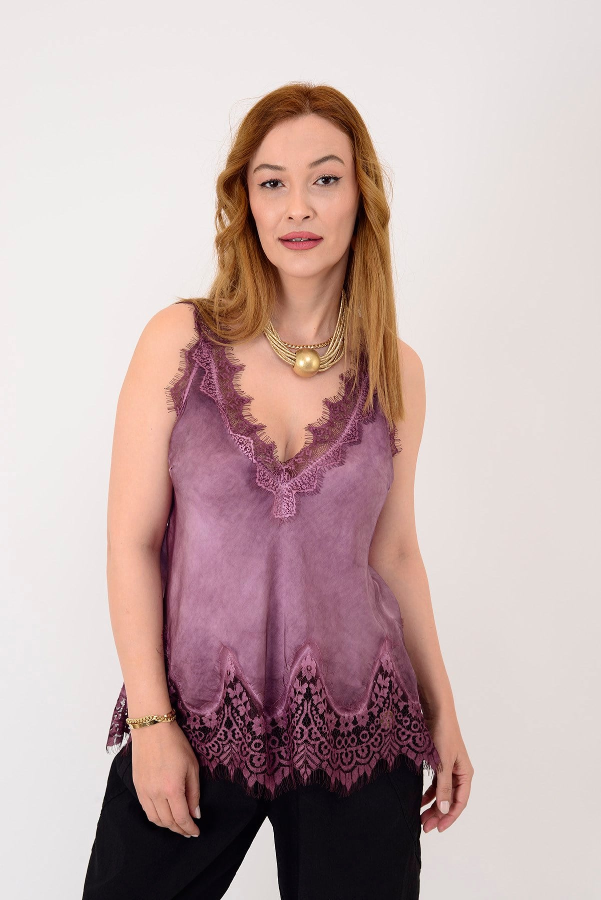 22355 KALIN ASKILI DANTELLİ SATEN BLUZ