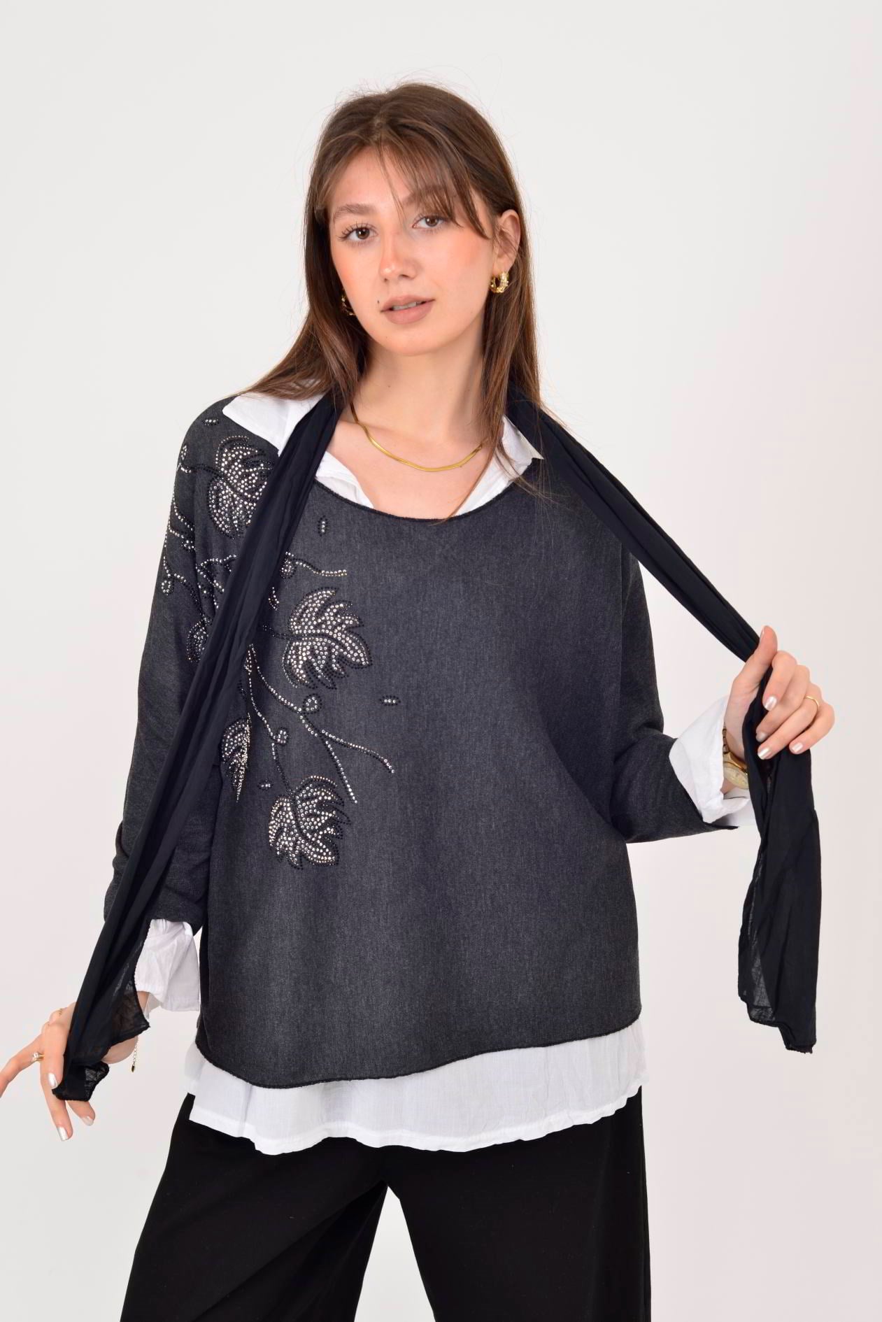 23098 TAŞ İŞLEMELİ 2Lİ TRİKO BLUZ