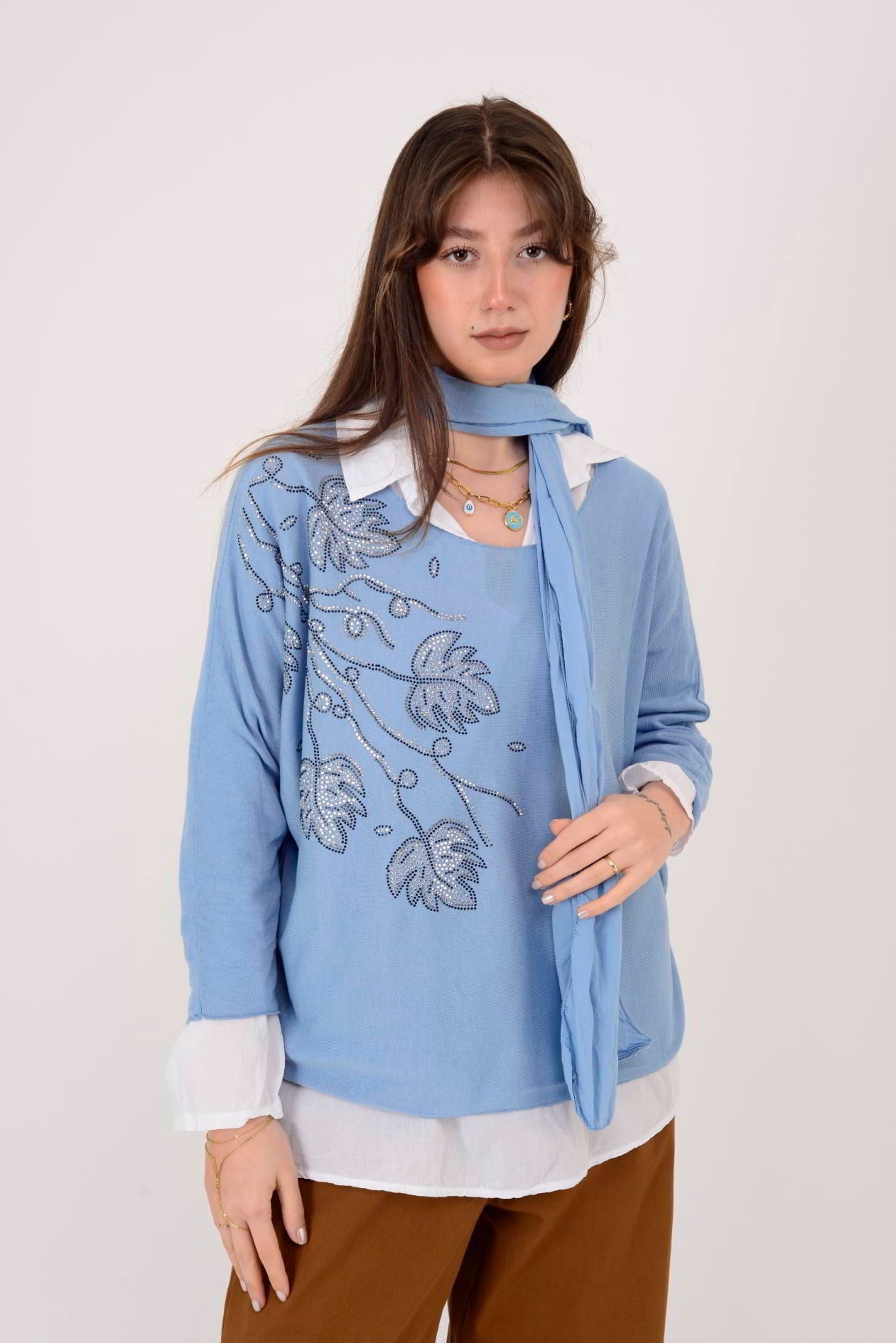 23098 TAŞ İŞLEMELİ 2Lİ TRİKO BLUZ