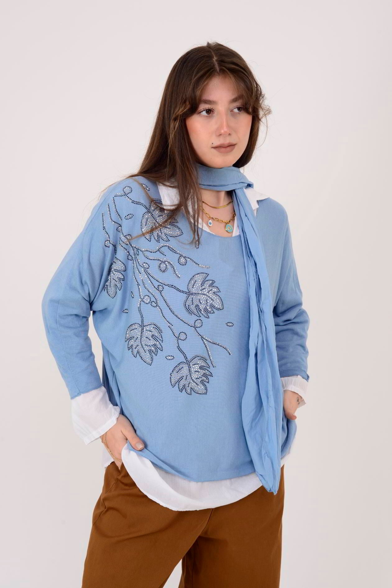 23098 TAŞ İŞLEMELİ 2Lİ TRİKO BLUZ