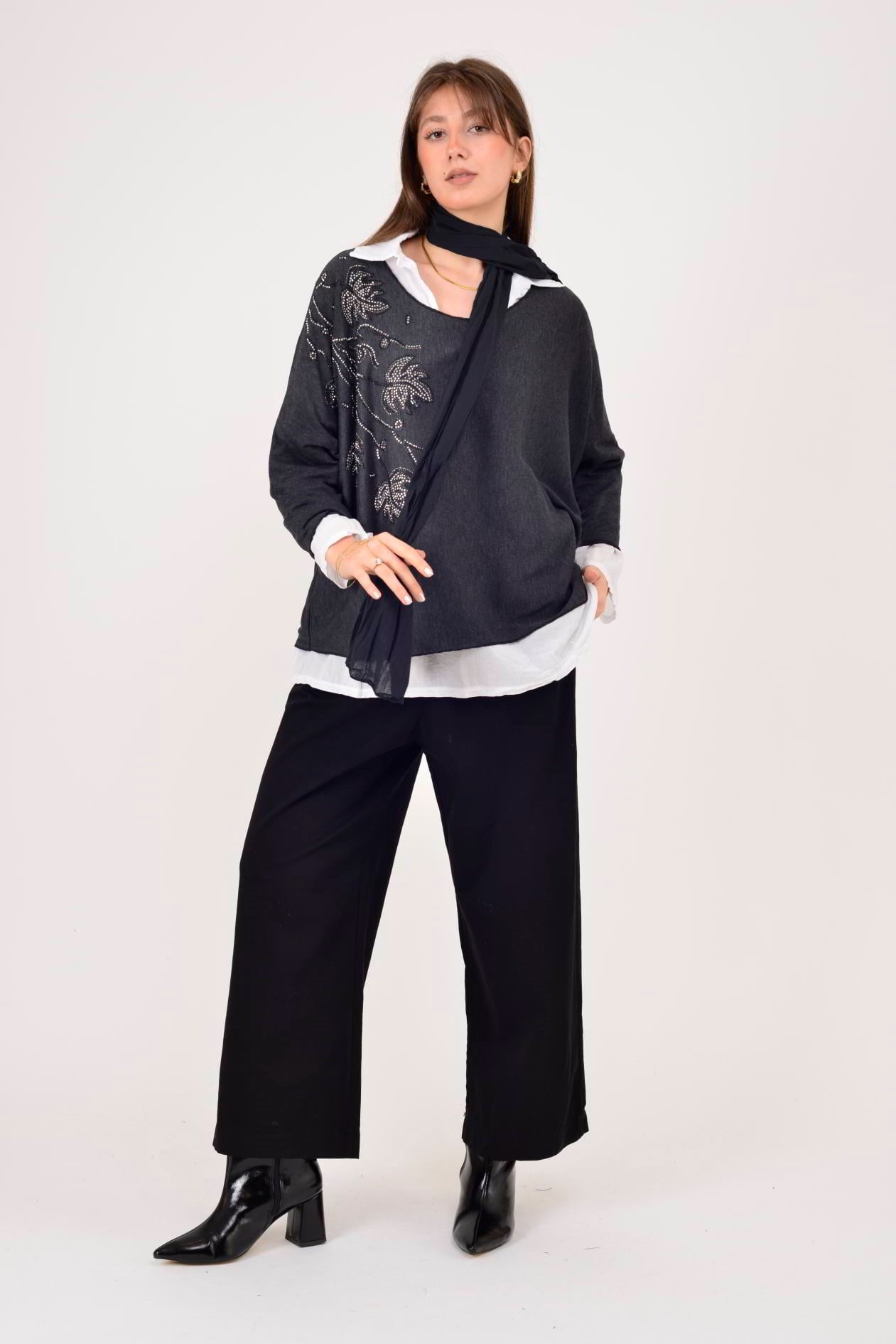 23098 TAŞ İŞLEMELİ 2Lİ TRİKO BLUZ