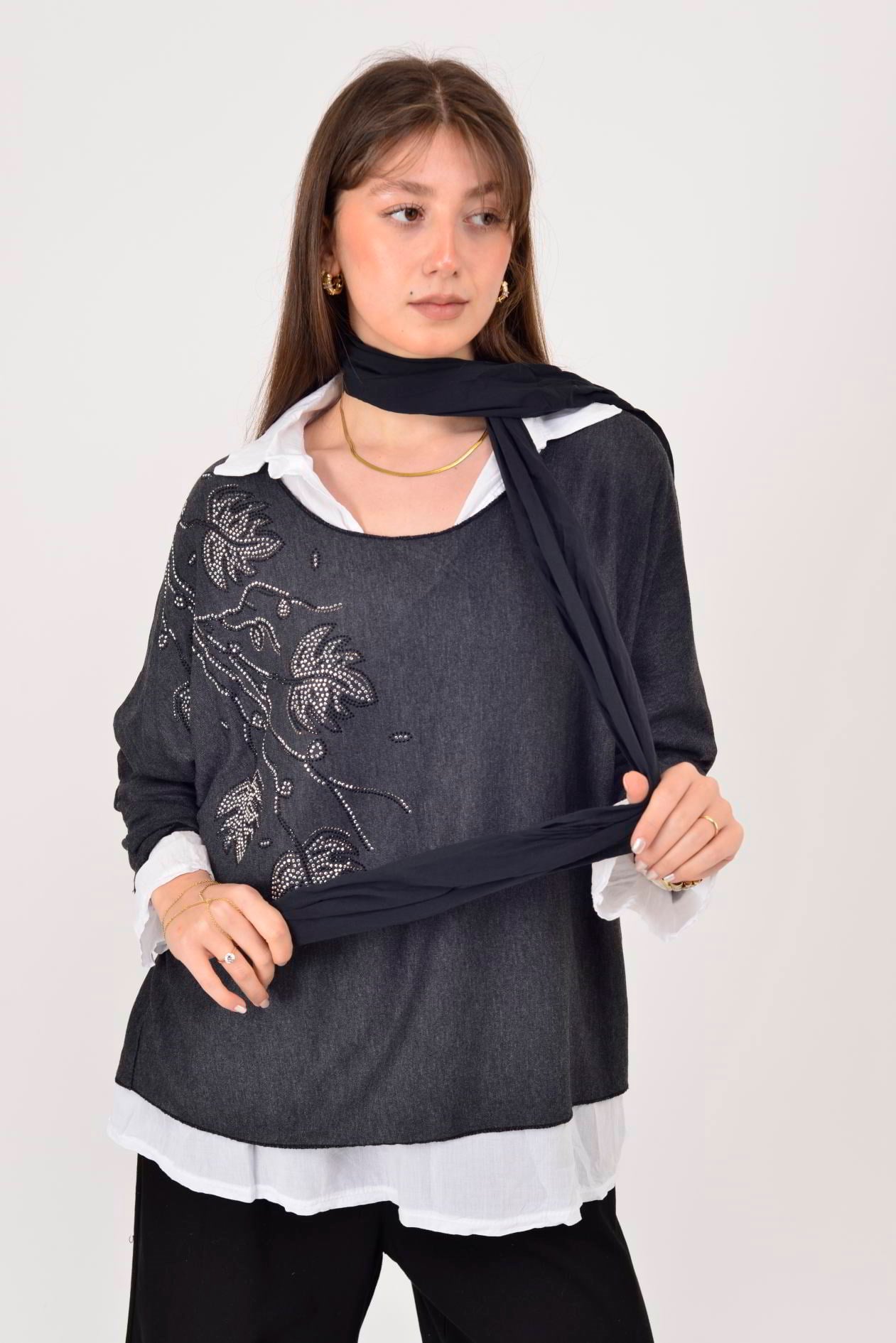 23098 TAŞ İŞLEMELİ 2Lİ TRİKO BLUZ