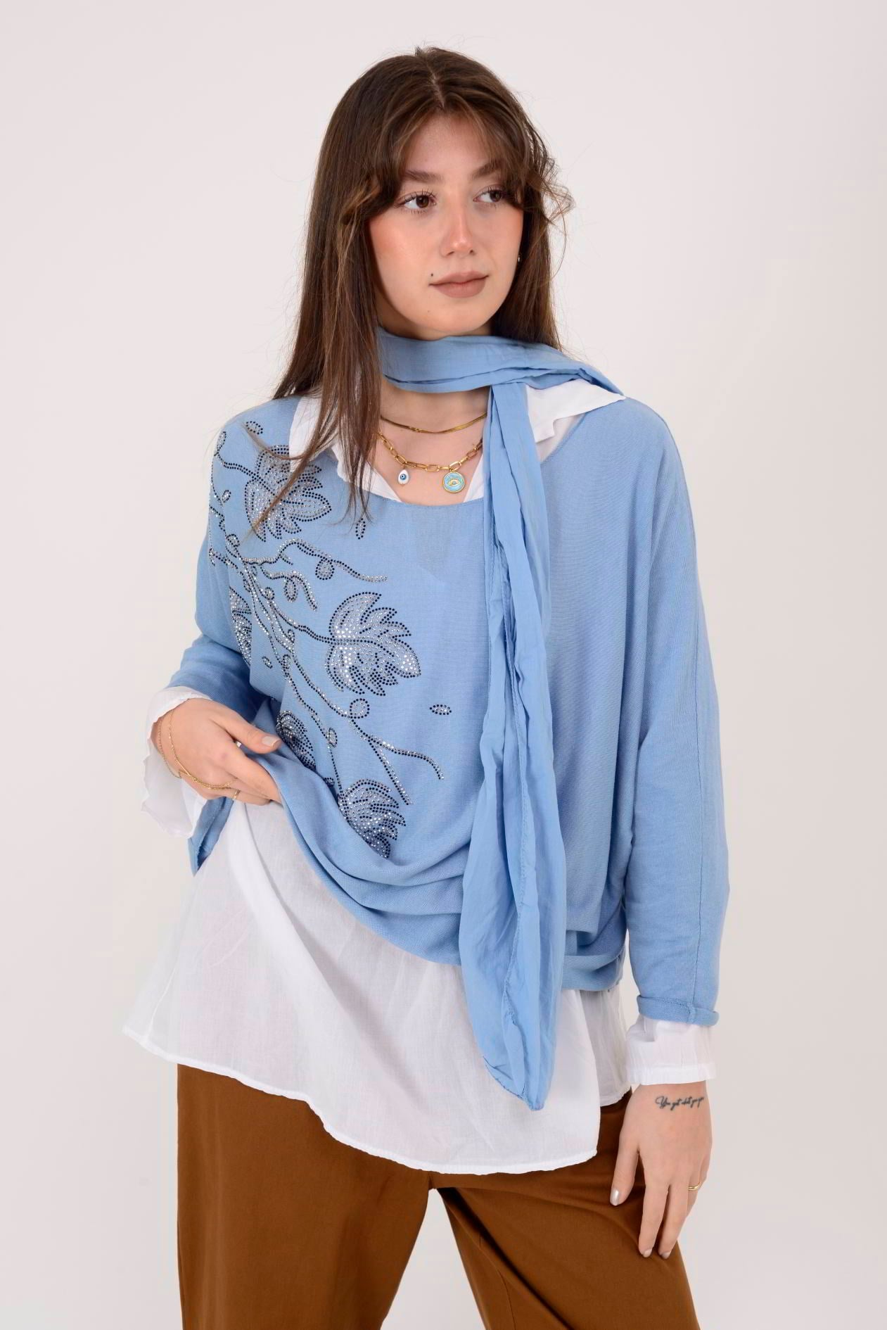 23098 TAŞ İŞLEMELİ 2Lİ TRİKO BLUZ