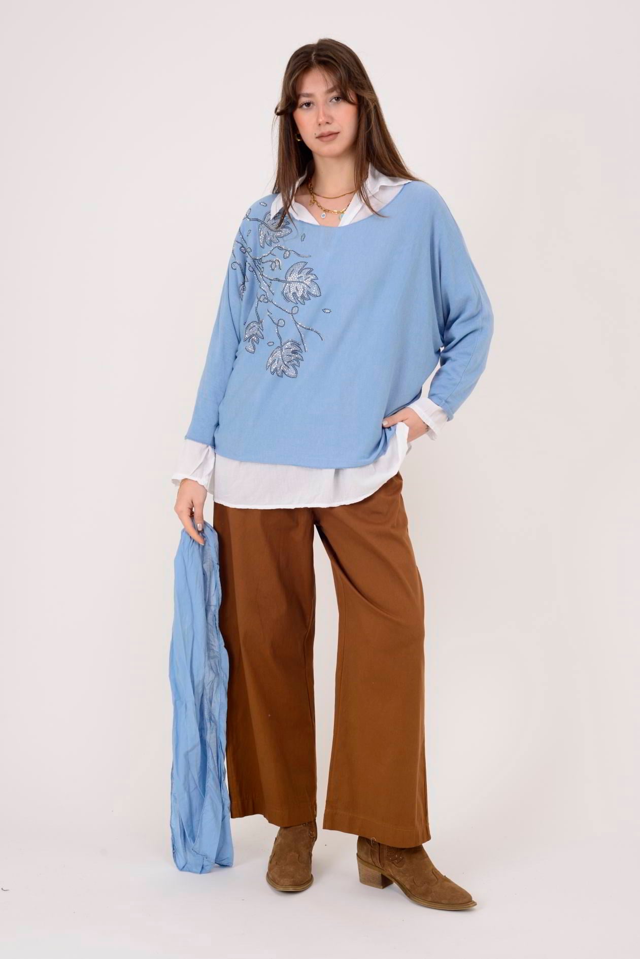 23098 TAŞ İŞLEMELİ 2Lİ TRİKO BLUZ