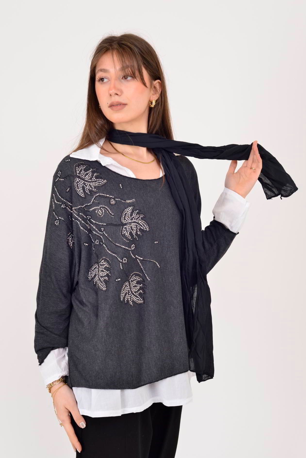 23098 TAŞ İŞLEMELİ 2Lİ TRİKO BLUZ