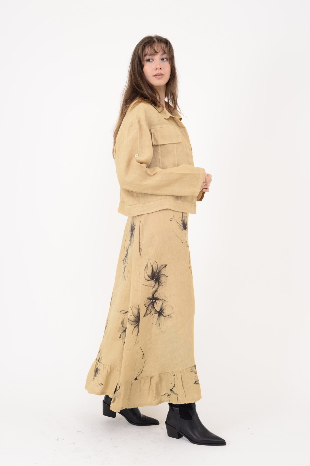 25001 ÇİÇEK DESEN 2Lİ KETEN TAKIM ELBİSE