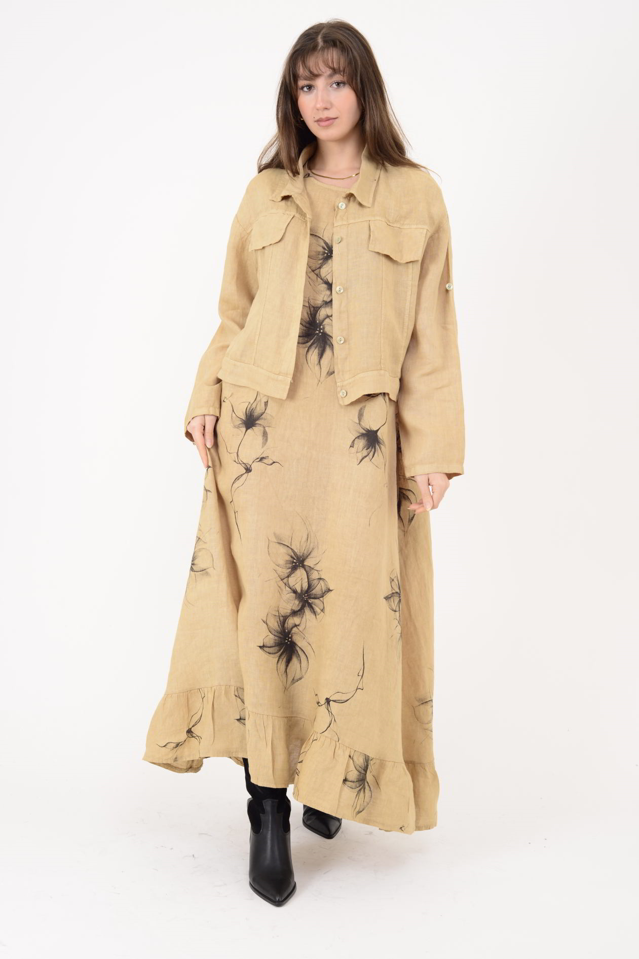 25001 ÇİÇEK DESEN 2Lİ KETEN TAKIM ELBİSE