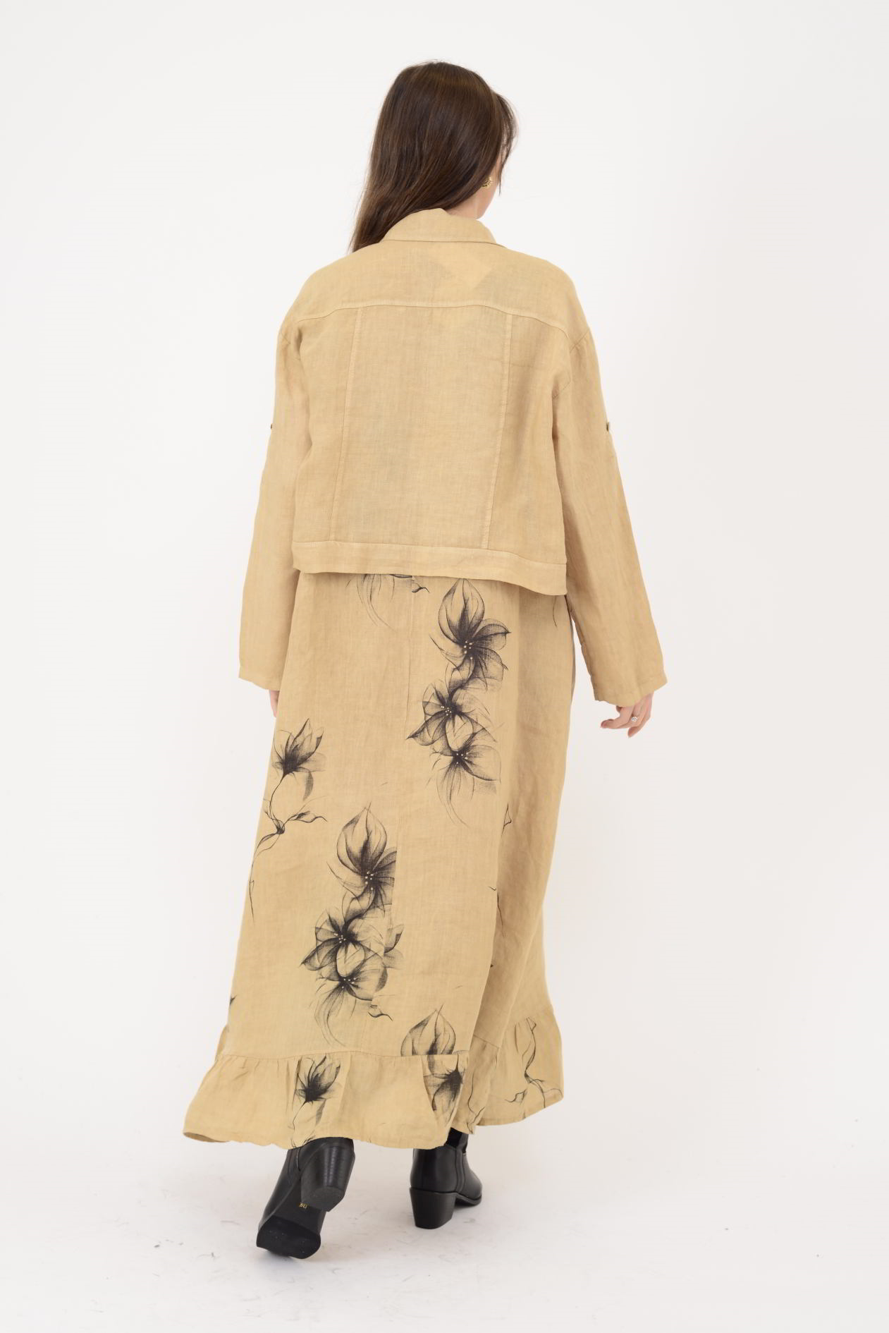 25001 ÇİÇEK DESEN 2Lİ KETEN TAKIM ELBİSE