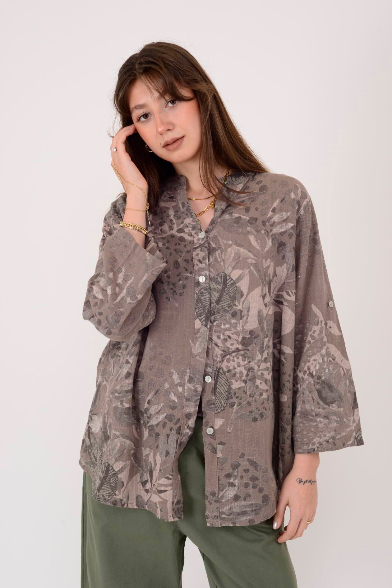 25003 YAPRAK ÇİÇEK DESEN GÖMLEK