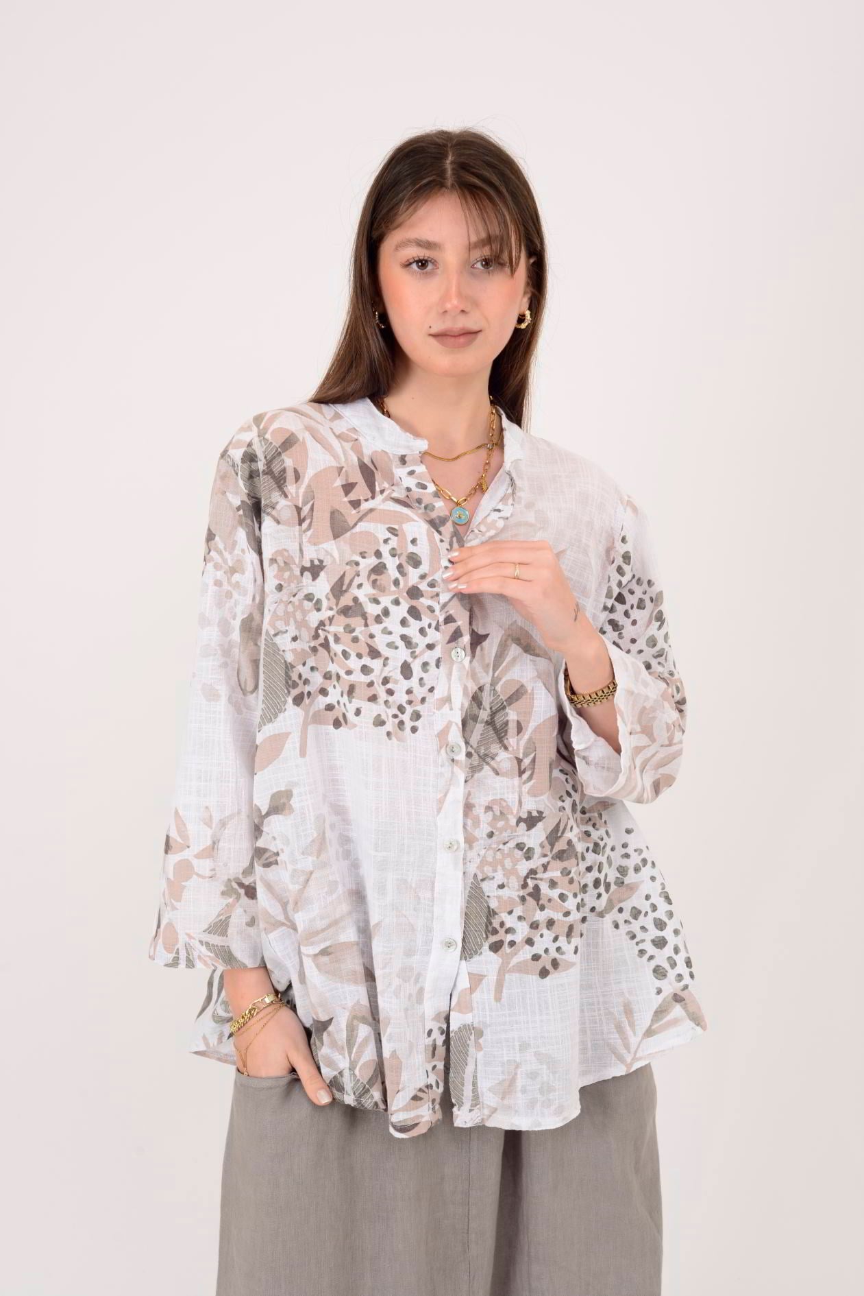 25003 YAPRAK ÇİÇEK DESEN GÖMLEK