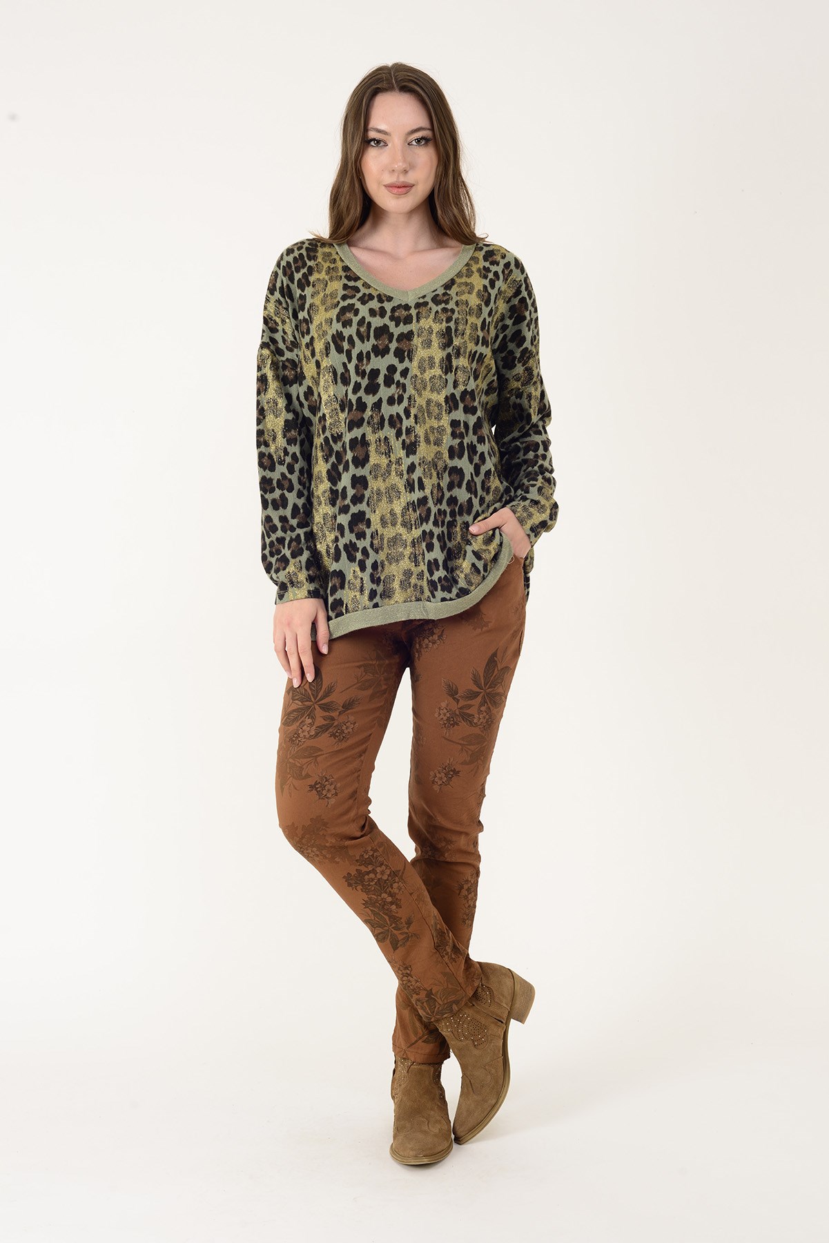 25192 LEOPAR DESEN SİMLİ TRİKO BLUZ