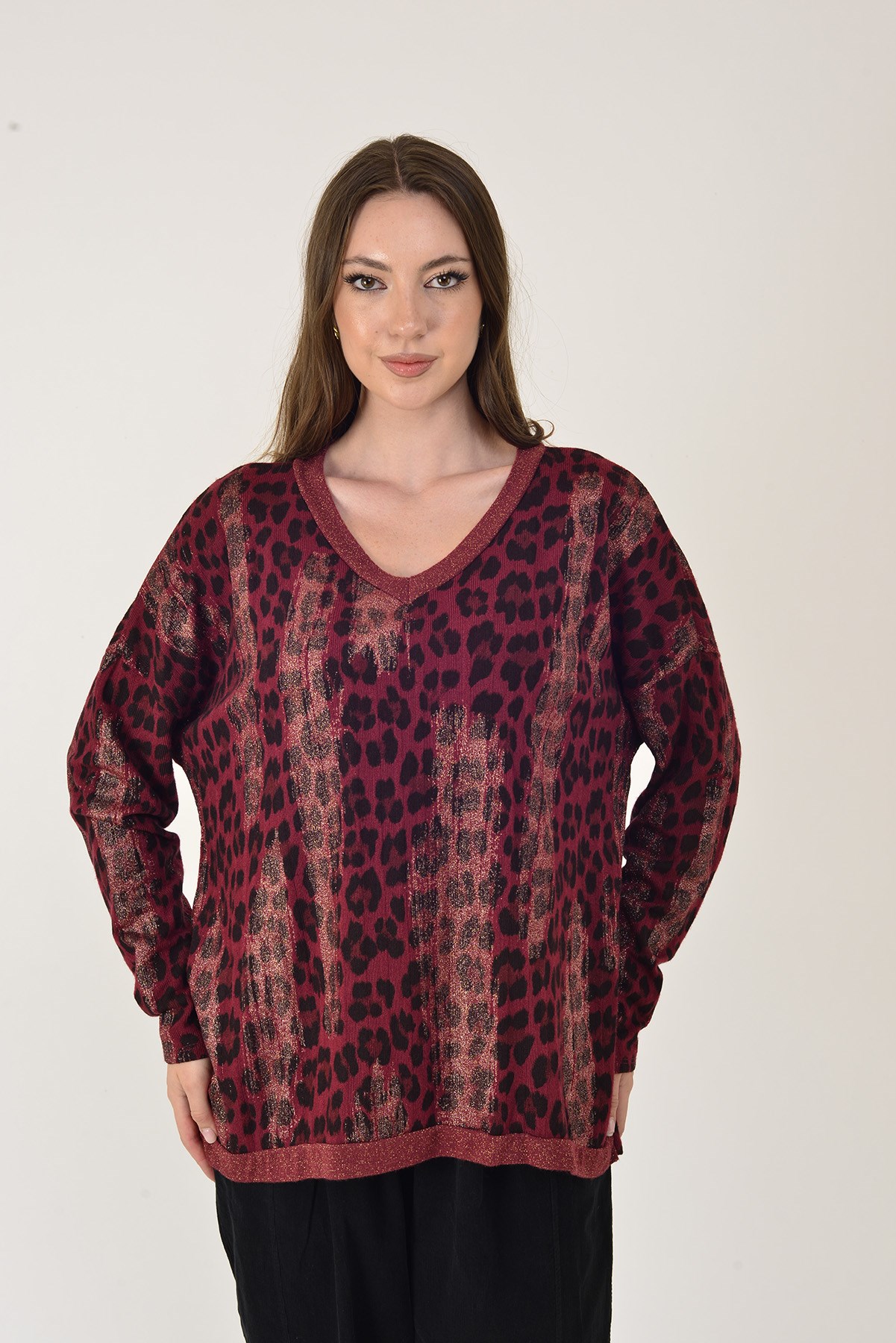 25192 LEOPAR DESEN SİMLİ TRİKO BLUZ