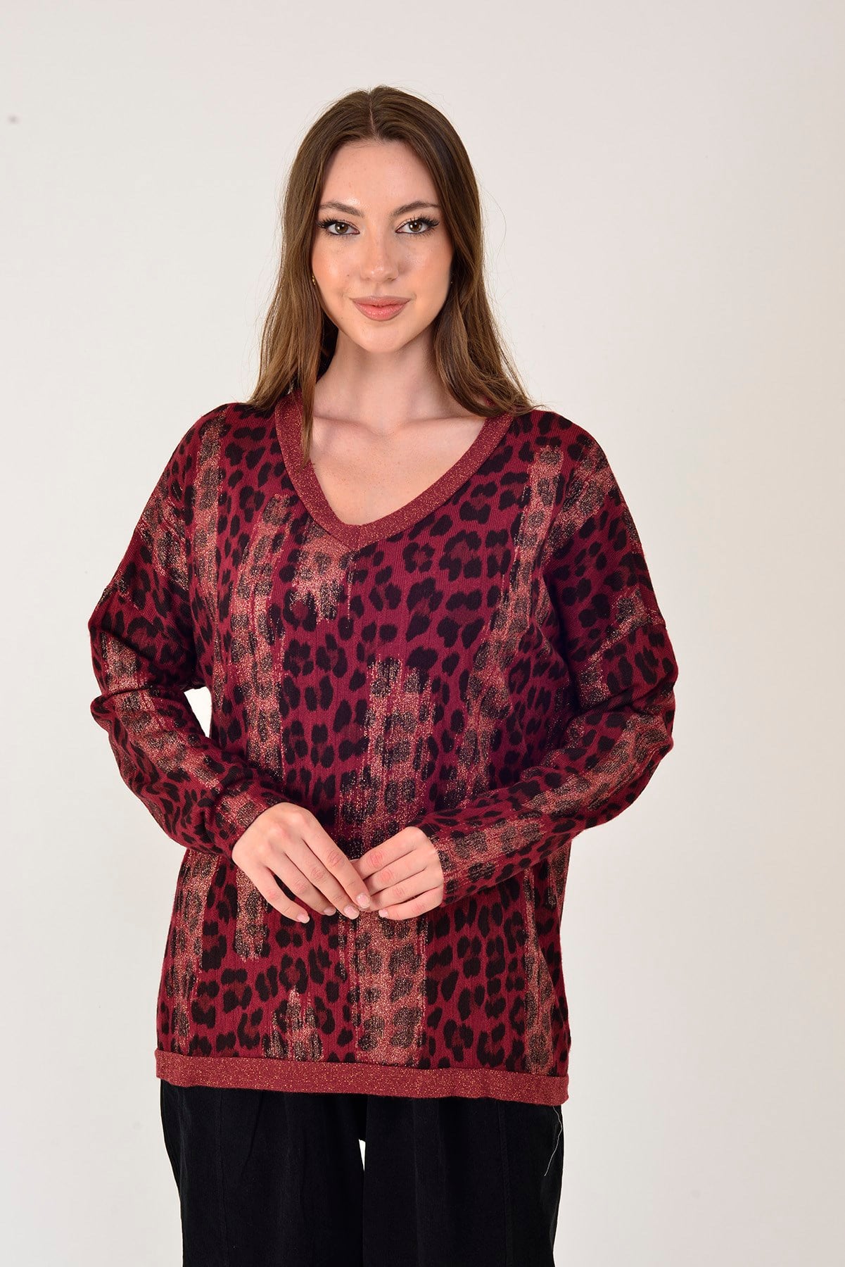 25192 LEOPAR DESEN SİMLİ TRİKO BLUZ