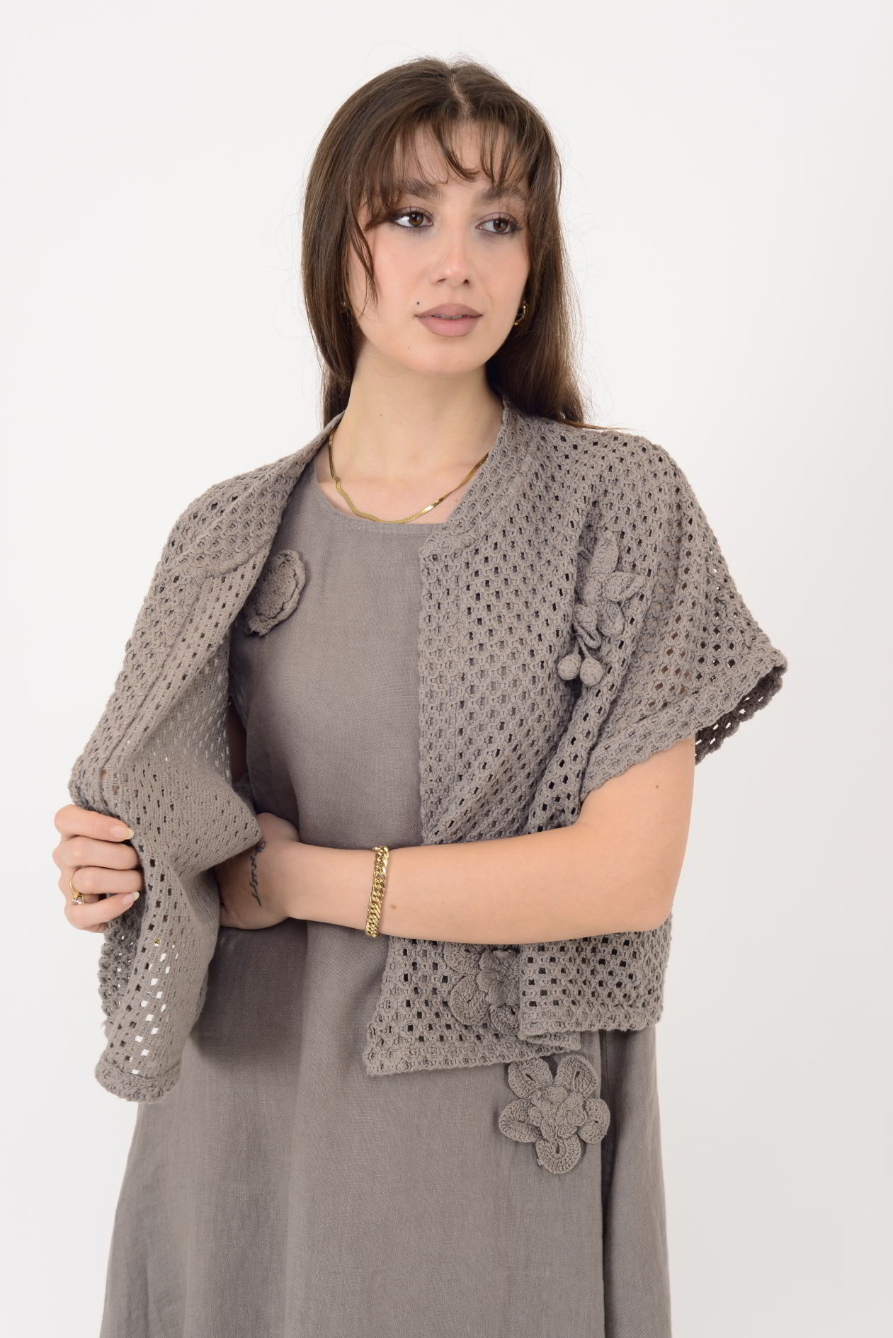 25585 APLİKE ÇİÇEK KABARTMALI 2Lİ KETEN TAKIM ELBİSE