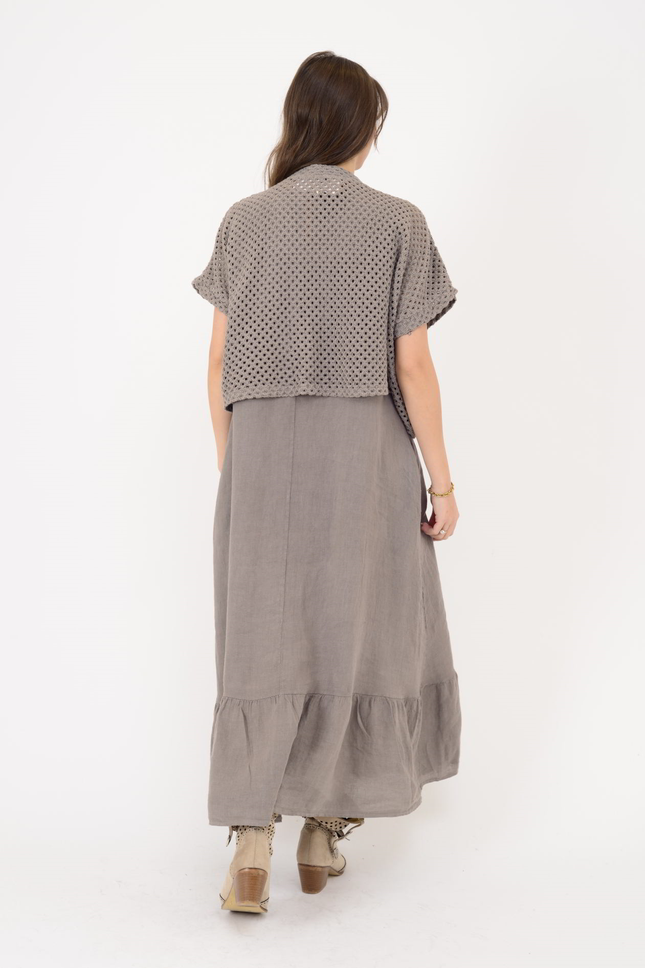 25585 APLİKE ÇİÇEK KABARTMALI 2Lİ KETEN TAKIM ELBİSE