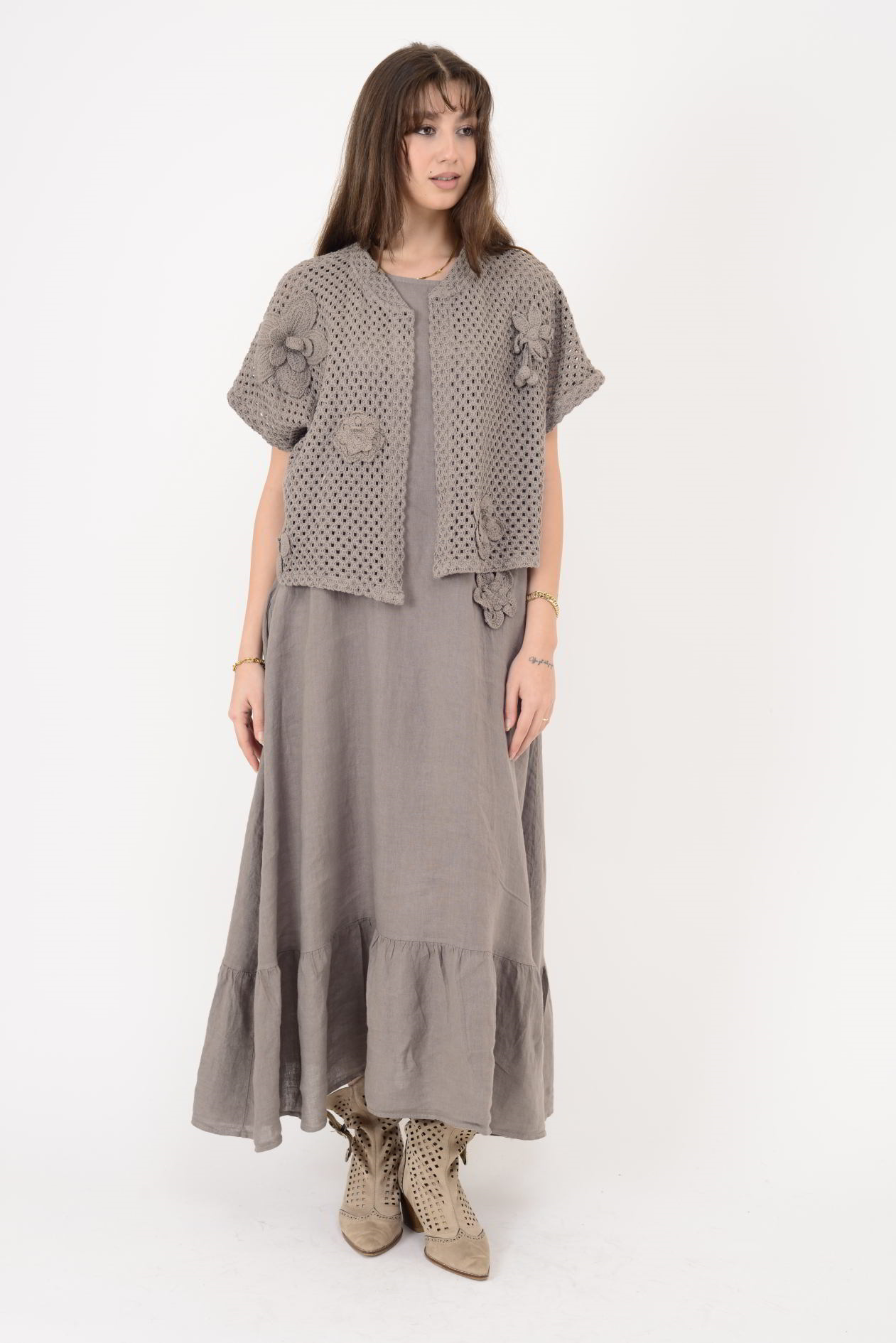 25585 APLİKE ÇİÇEK KABARTMALI 2Lİ KETEN TAKIM ELBİSE