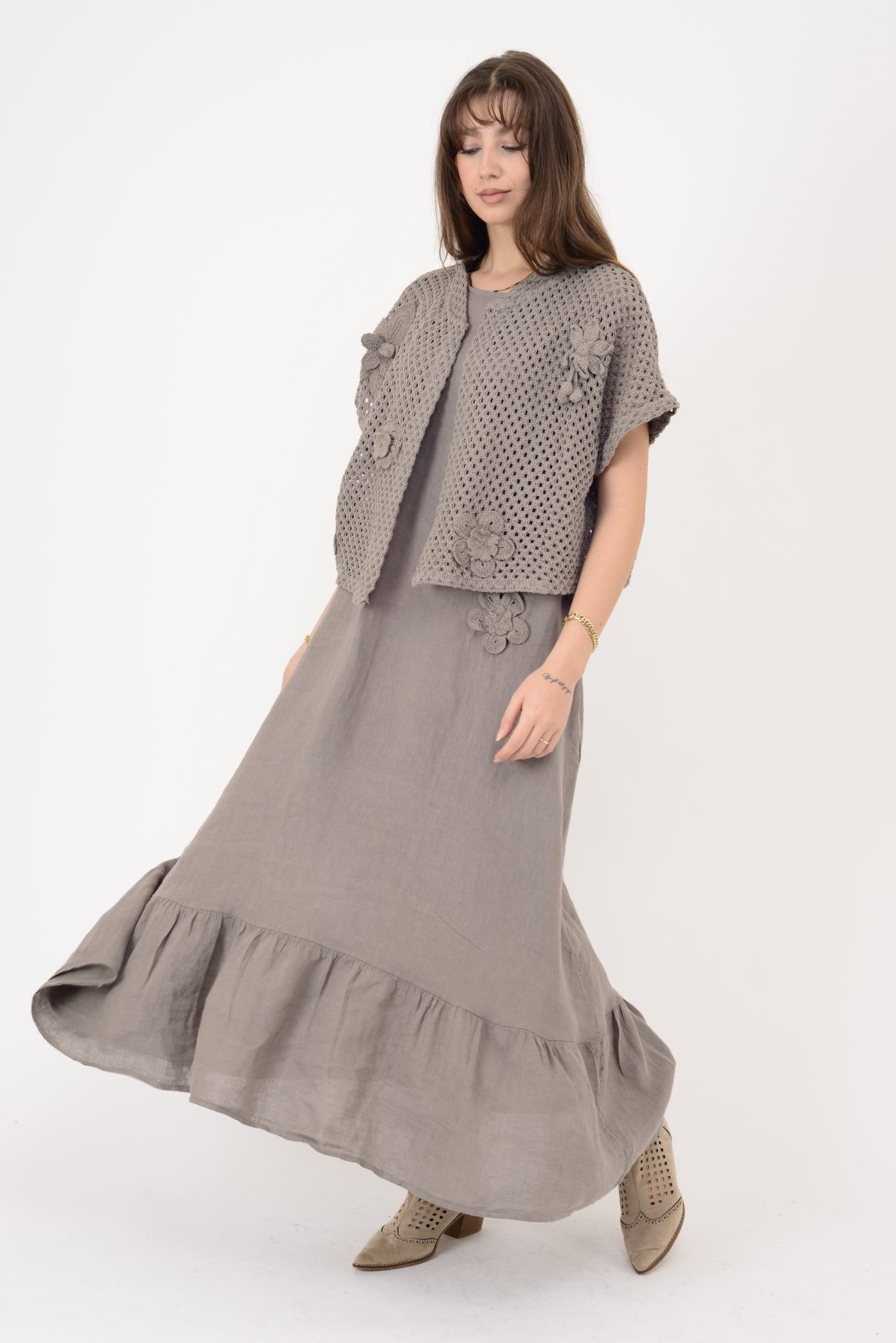 25585 APLİKE ÇİÇEK KABARTMALI 2Lİ KETEN TAKIM ELBİSE