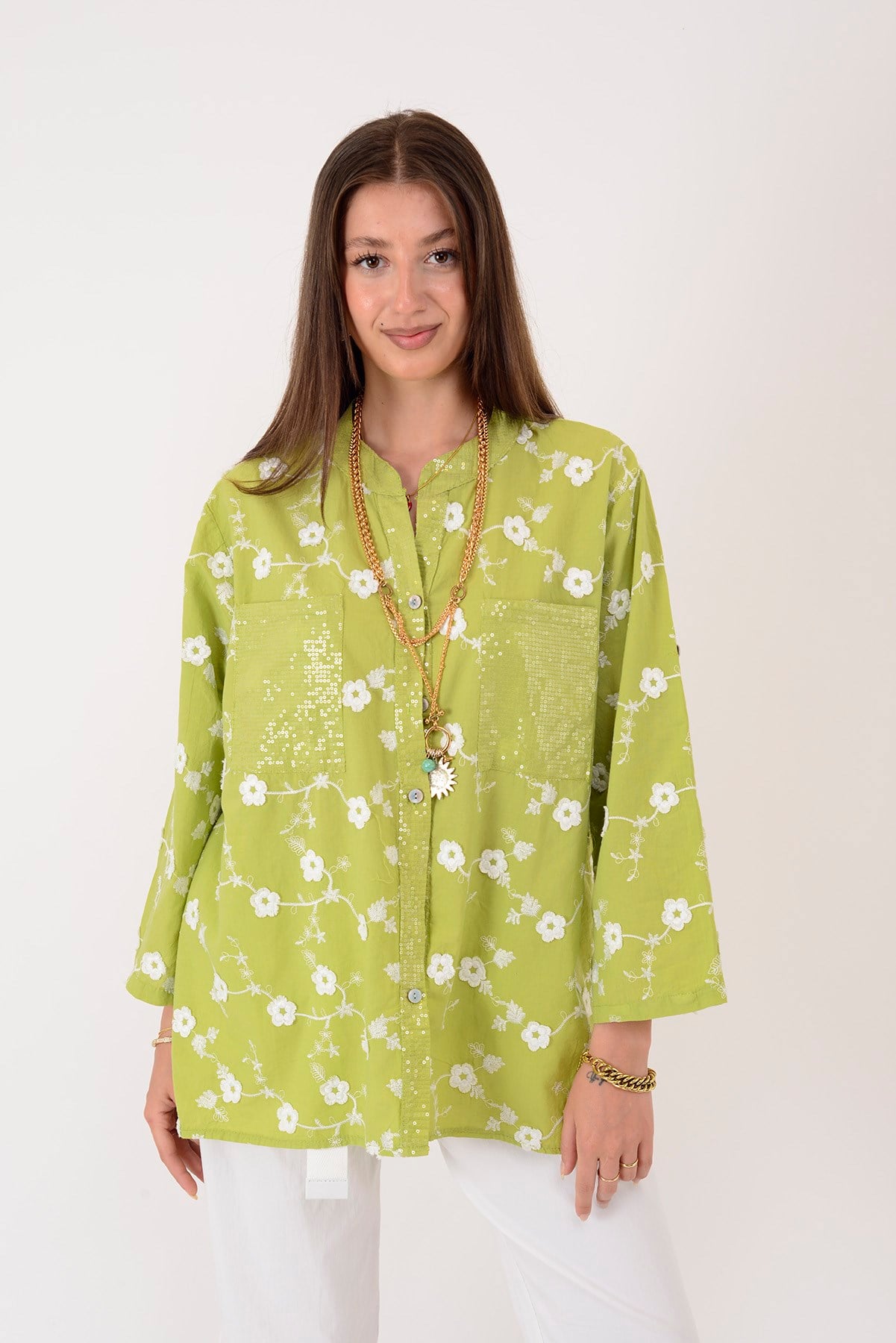 26147 DAISY KABARTMALI PAPATYA DESEN PAYET DETAYLI GÖMLEK