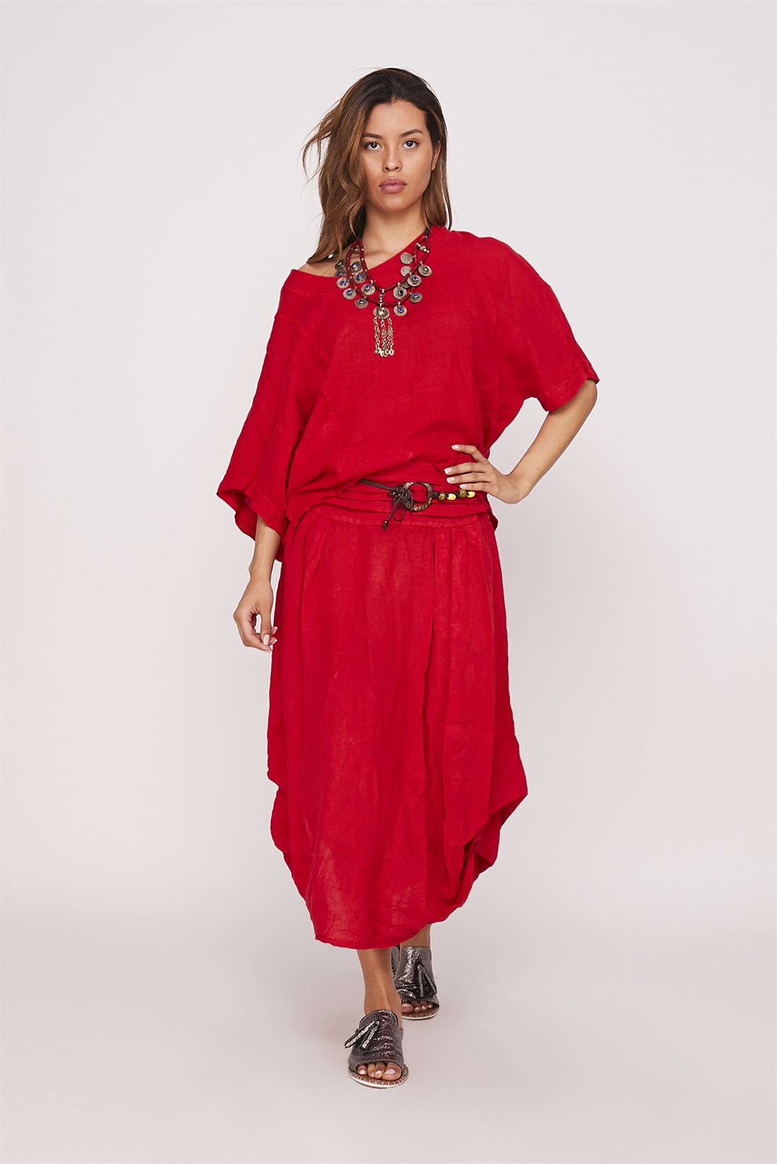 3008 LINEN BELTED GATHERED SKIRT