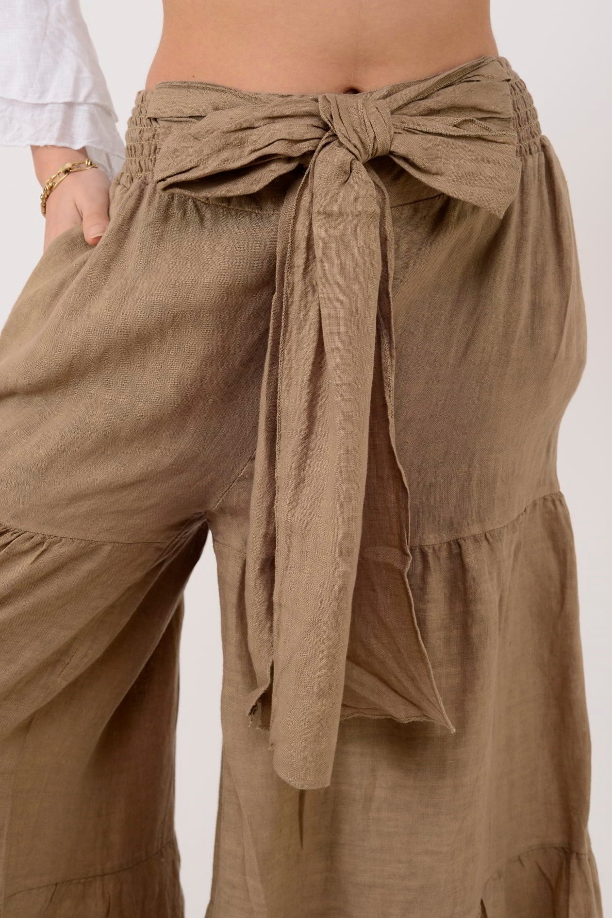 30560 FİYONK DETAYLI VOLAN KETEN PANTOLON