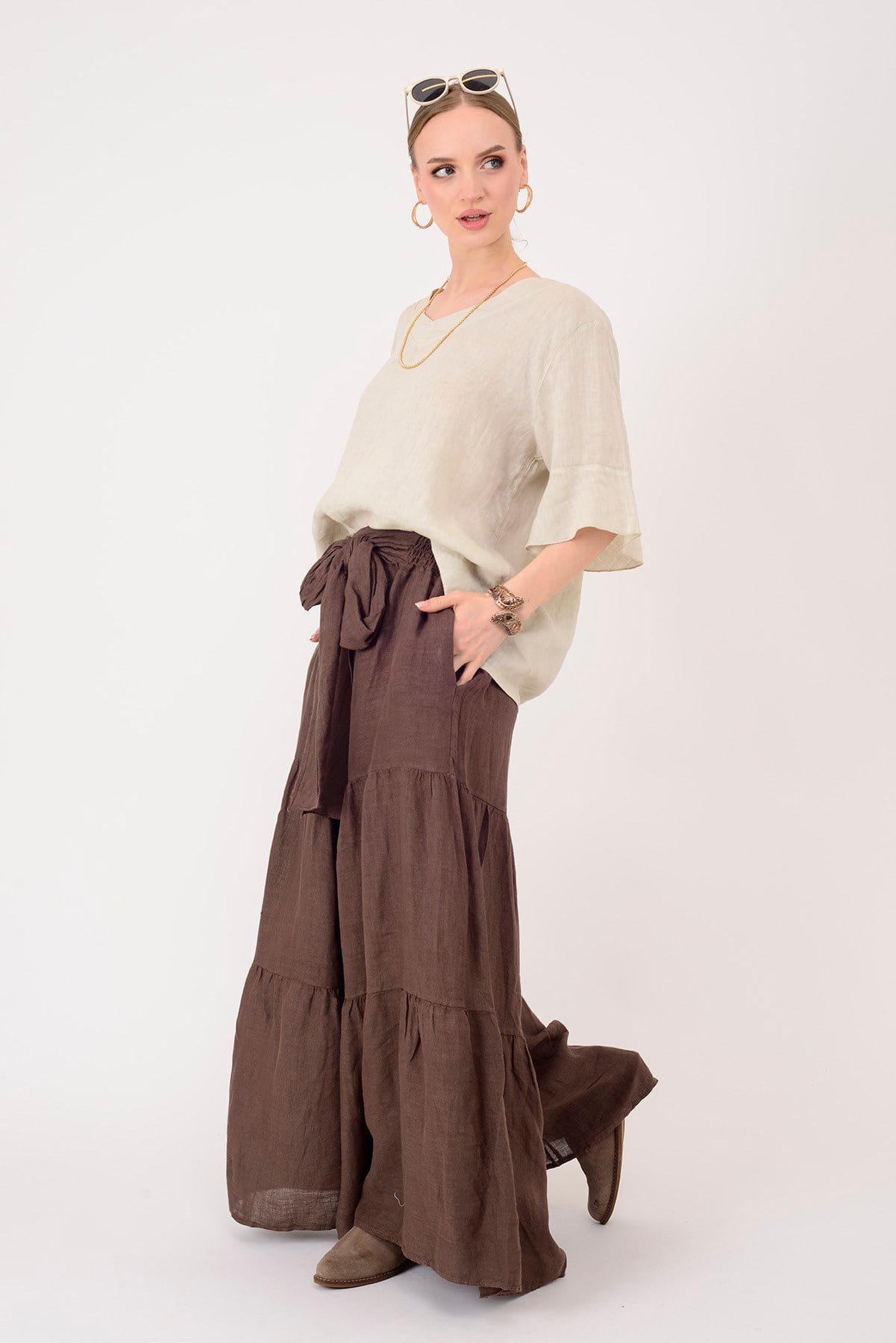 30560 FİYONK DETAYLI VOLAN KETEN PANTOLON