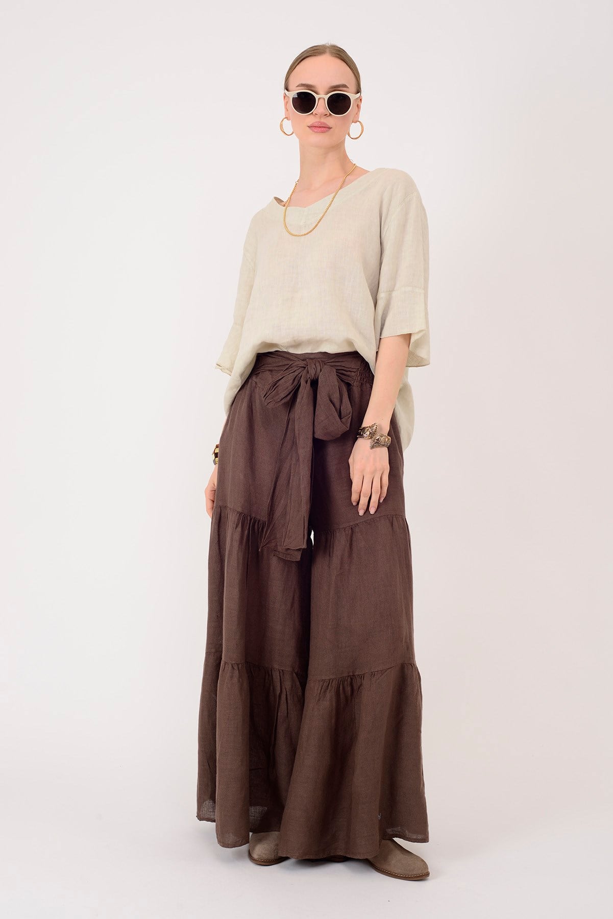30560 FİYONK DETAYLI VOLAN KETEN PANTOLON