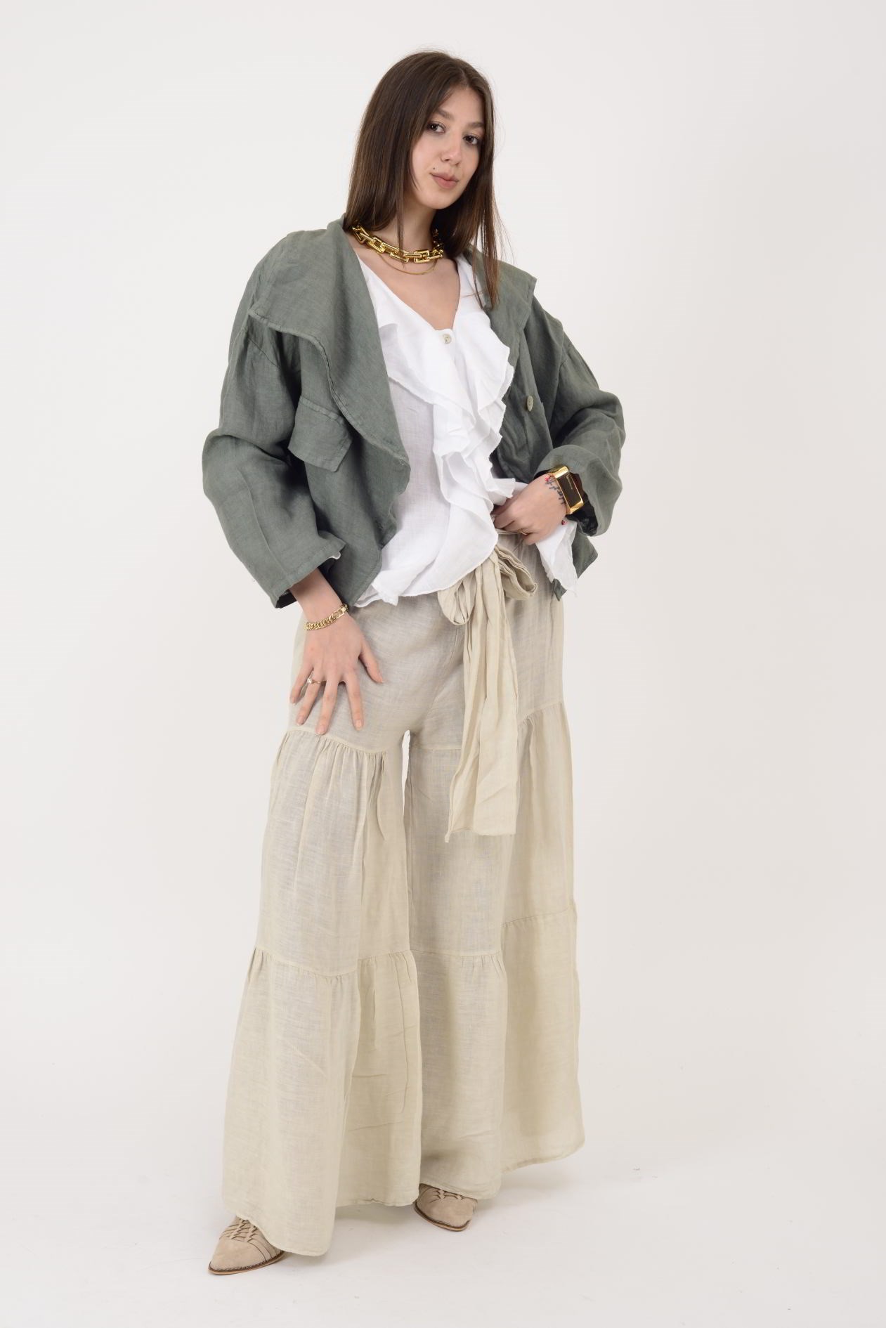 30560 FİYONK DETAYLI VOLAN KETEN PANTOLON