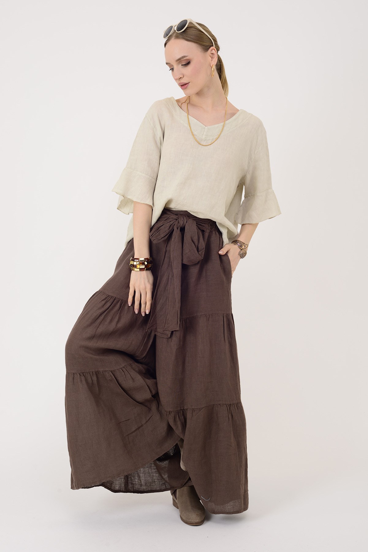 30560 FİYONK DETAYLI VOLAN KETEN PANTOLON