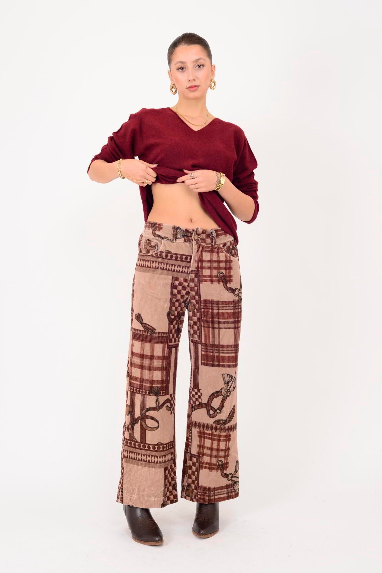 380213 ETNİK DESEN FİTİLLİ KADİFE PANTOLON