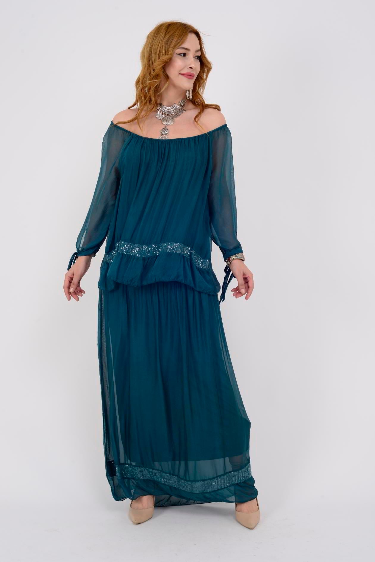 3845 MADONNA YAKA PAYET DETAY İPEK ELBİSE